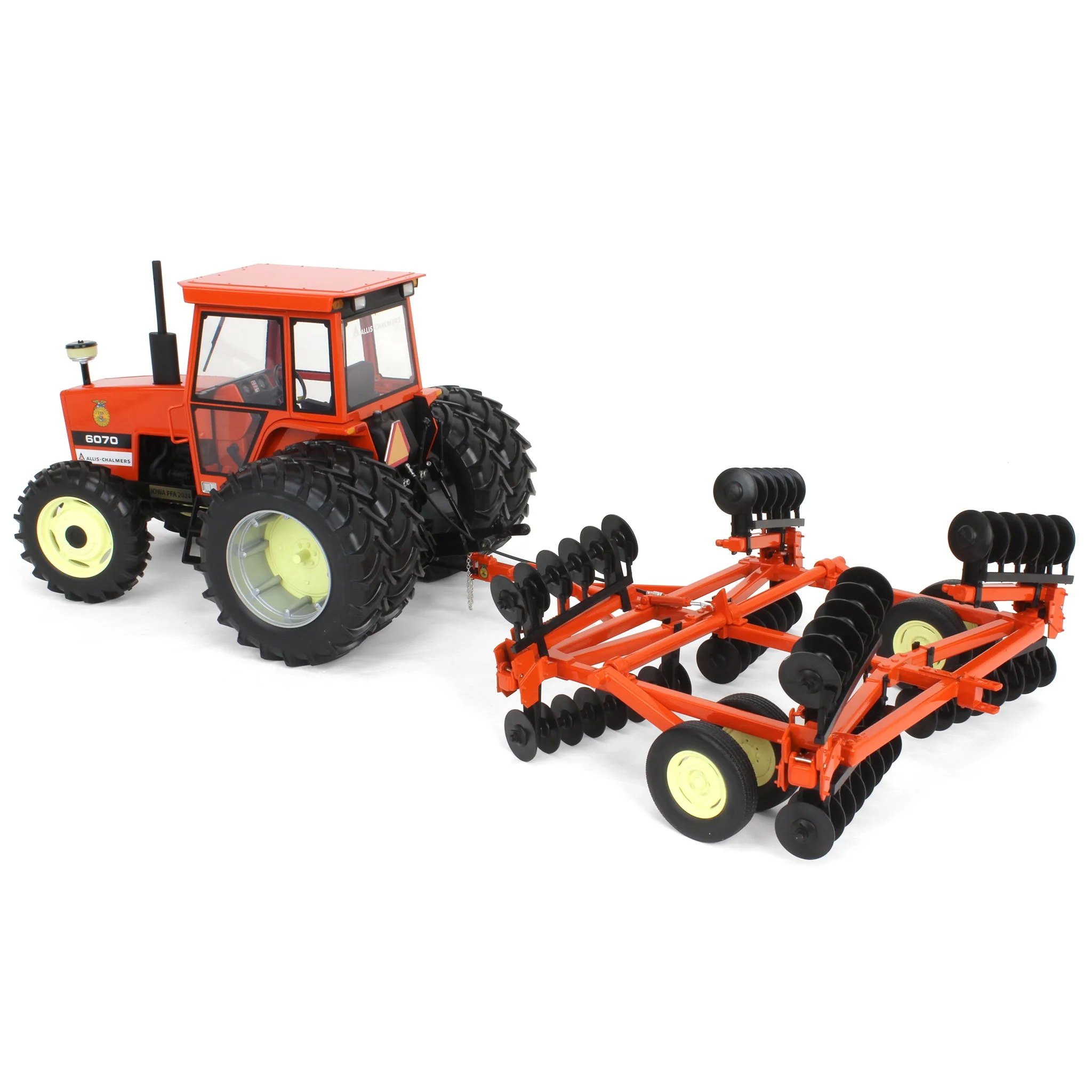 1/16 Allis Chalmers 6070 Tractor with FWA, Rear Duals & Orange Wing Disc by SpecCast, 2024 Iowa FFA - Image 4