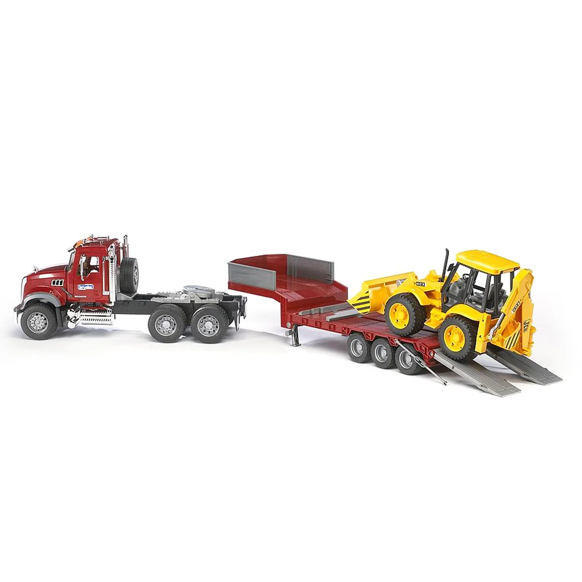 1/16 Mack Granite Semi Truck with Low Loader Trailer & JCB Backhoe Loader by Bruder - Image 2