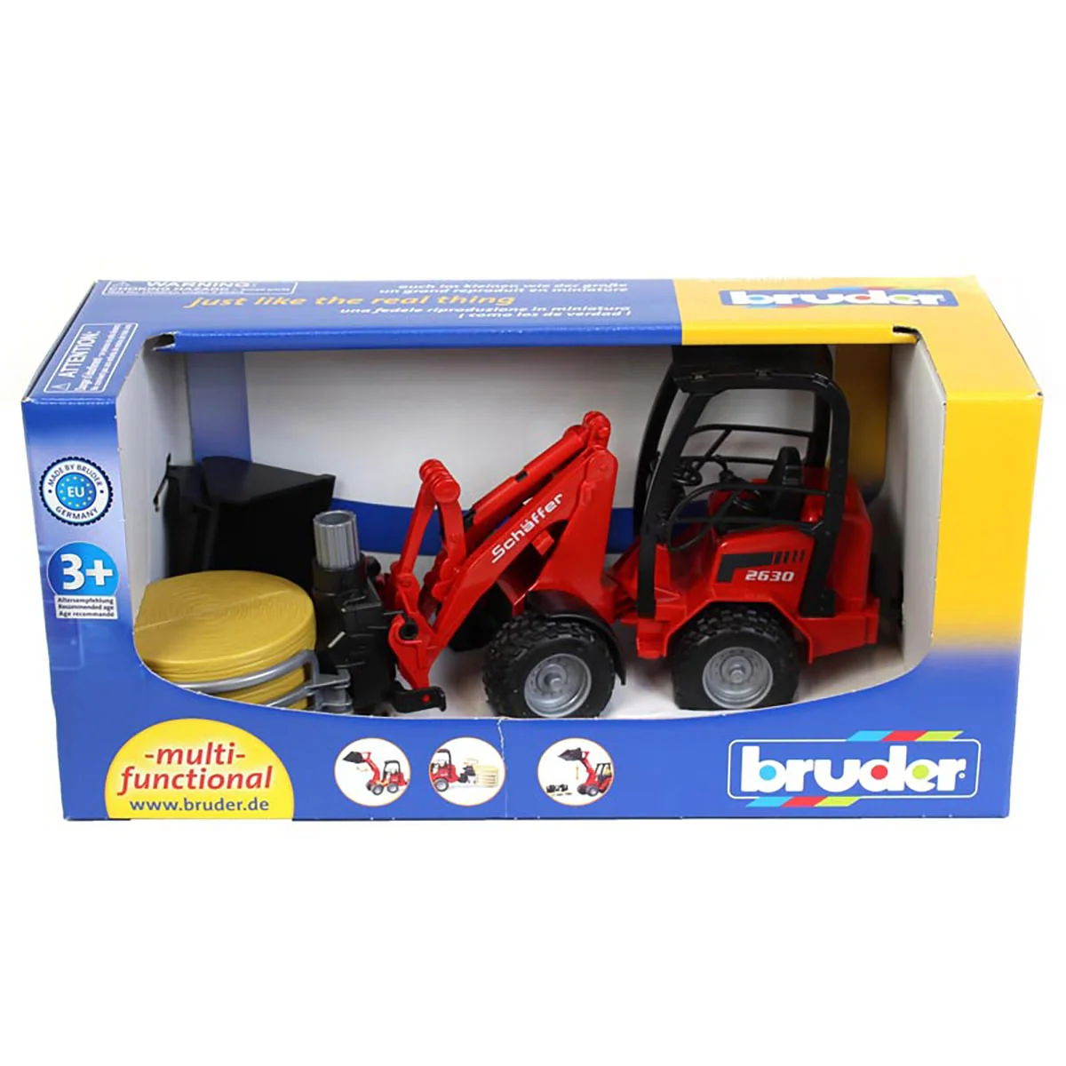 1/16 Schaffer 2630 Compact Loader with Bale Gripper, Bucket & Bale by Bruder - Image 6