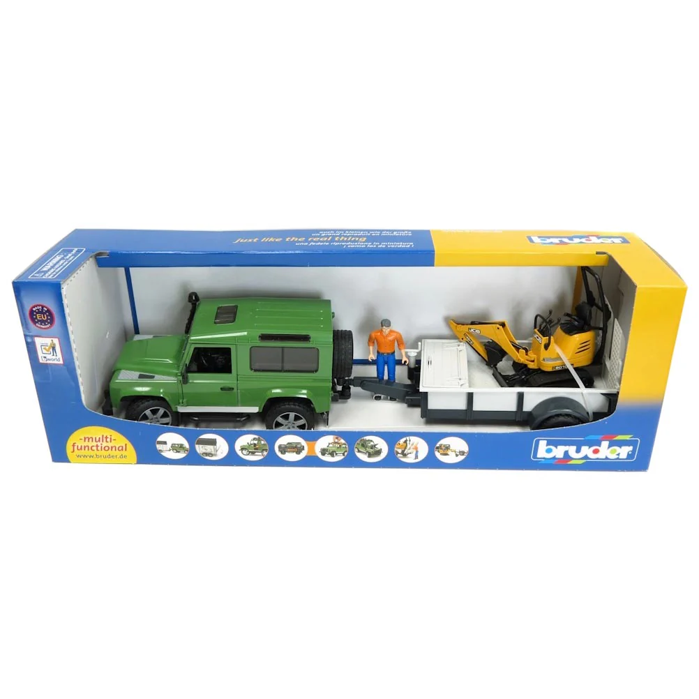 1/16 Land Rover Defender with Trailer, JCB Mini Excavator & Worker by Bruder - Image 2