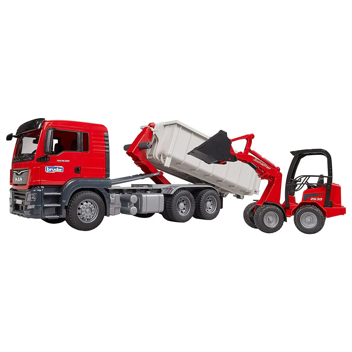 1/16 Man TGS Truck with Roll-off Container & Schaffer Compact Loader by Bruder - Image 3