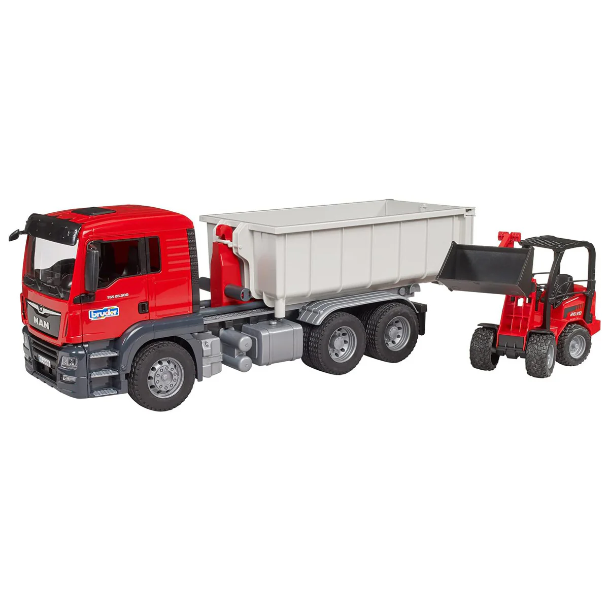 1/16 Man TGS Truck with Roll-off Container & Schaffer Compact Loader by Bruder - Image 5
