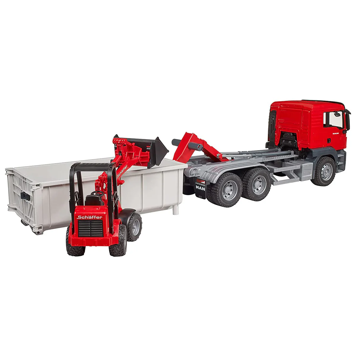 1/16 Man TGS Truck with Roll-off Container & Schaffer Compact Loader by Bruder - Image 6