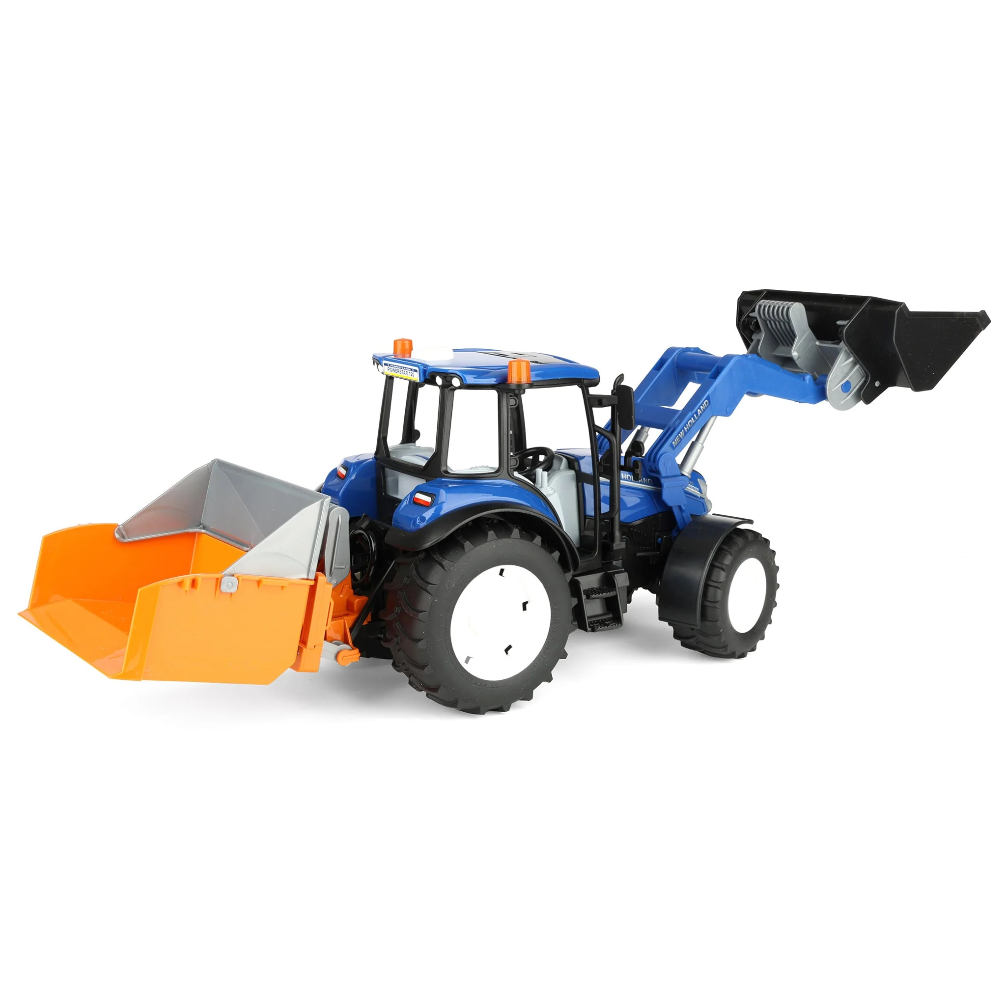 1/16 New Holland Powerstar T5.120 Tractor with Front Loader, Loading Box, Forks & Round Bales by Bruder - Image 3