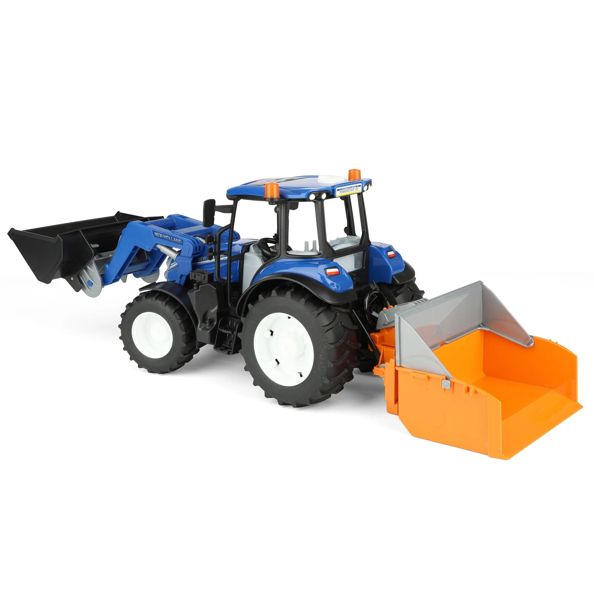 1/16 New Holland Powerstar T5.120 Tractor with Front Loader, Loading Box, Forks & Round Bales by Bruder - Image 4