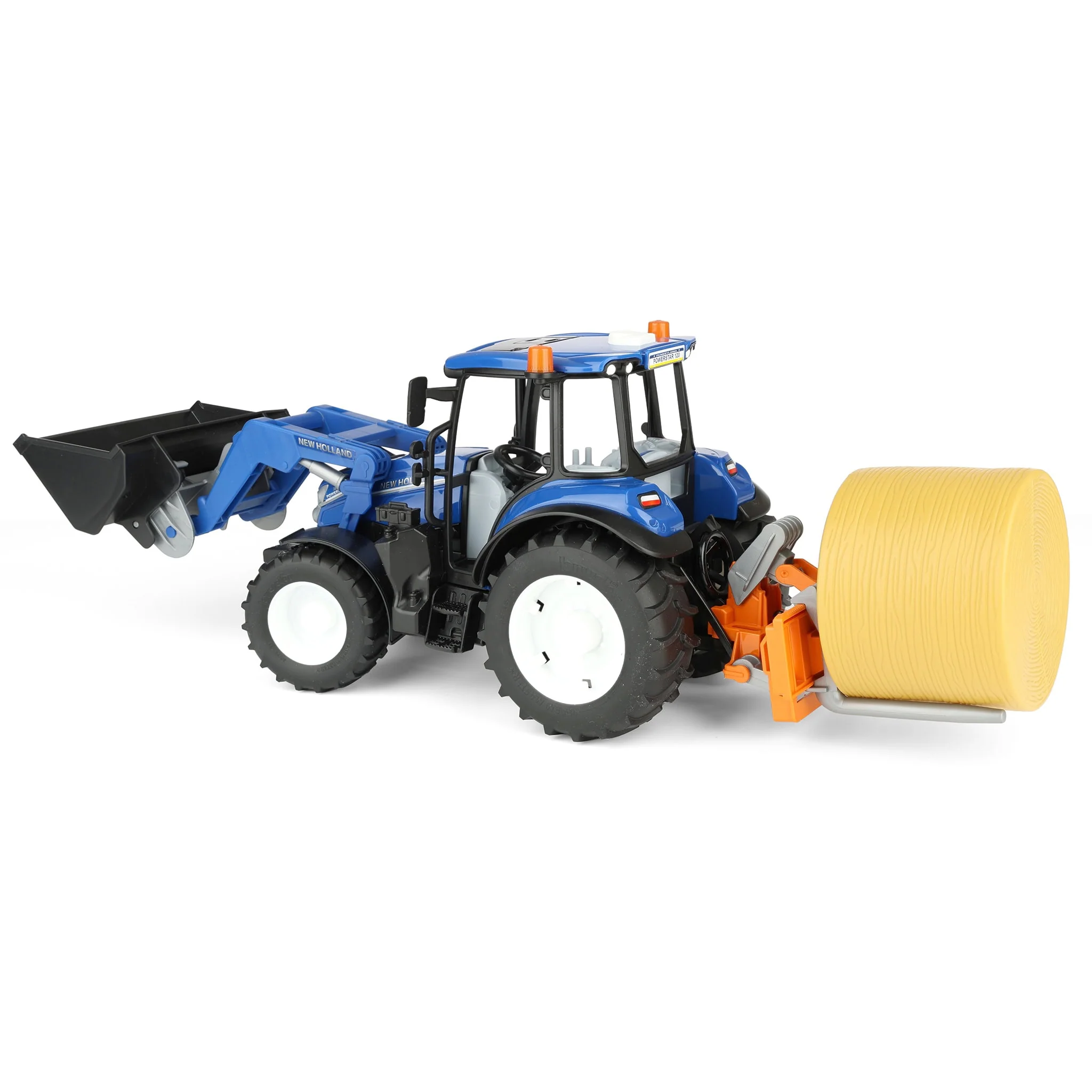 1/16 New Holland Powerstar T5.120 Tractor with Front Loader, Loading Box, Forks & Round Bales by Bruder - Image 5