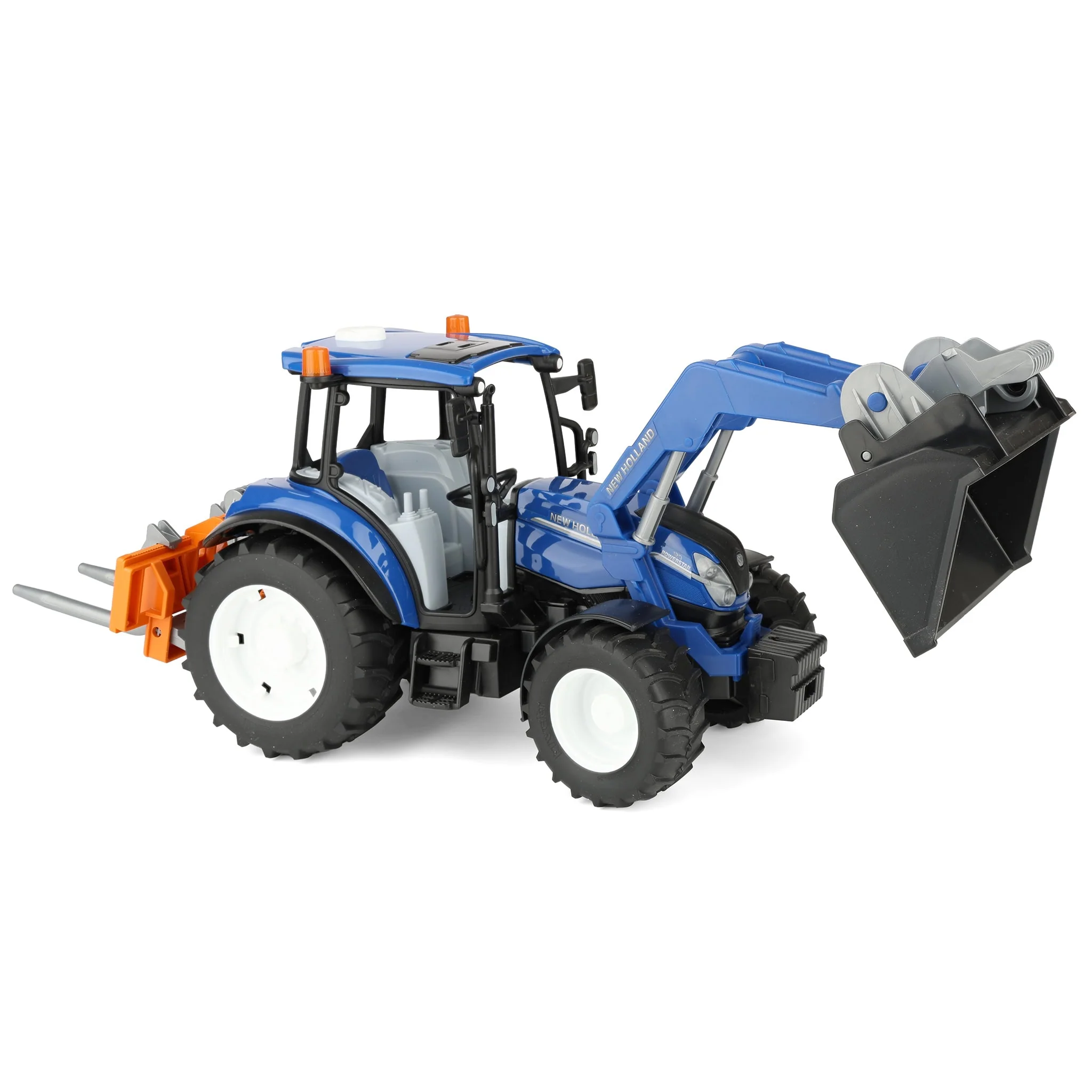 1/16 New Holland Powerstar T5.120 Tractor with Front Loader, Loading Box, Forks & Round Bales by Bruder - Image 6