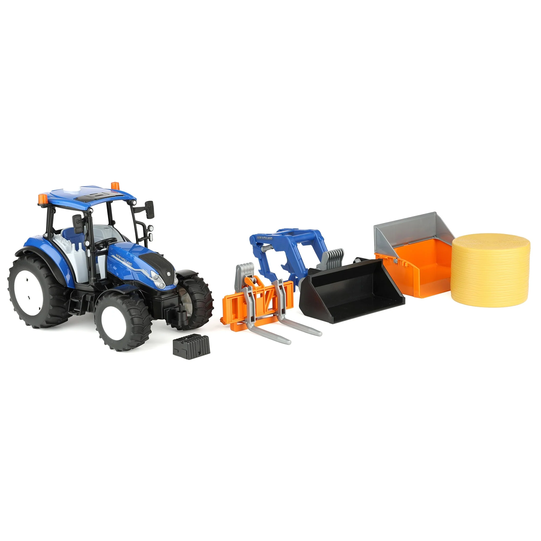 1/16 New Holland Powerstar T5.120 Tractor with Front Loader, Loading Box, Forks & Round Bales by Bruder - Image 7