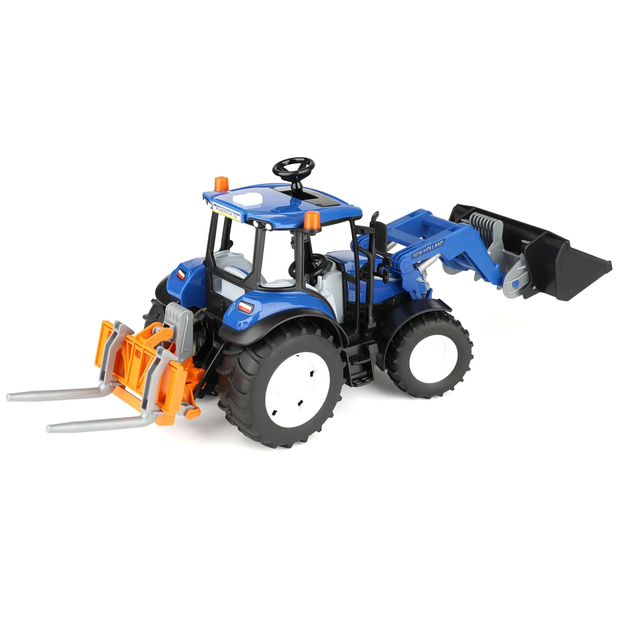 1/16 New Holland Powerstar T5.120 Tractor with Front Loader, Loading Box, Forks & Round Bales by Bruder - Image 8