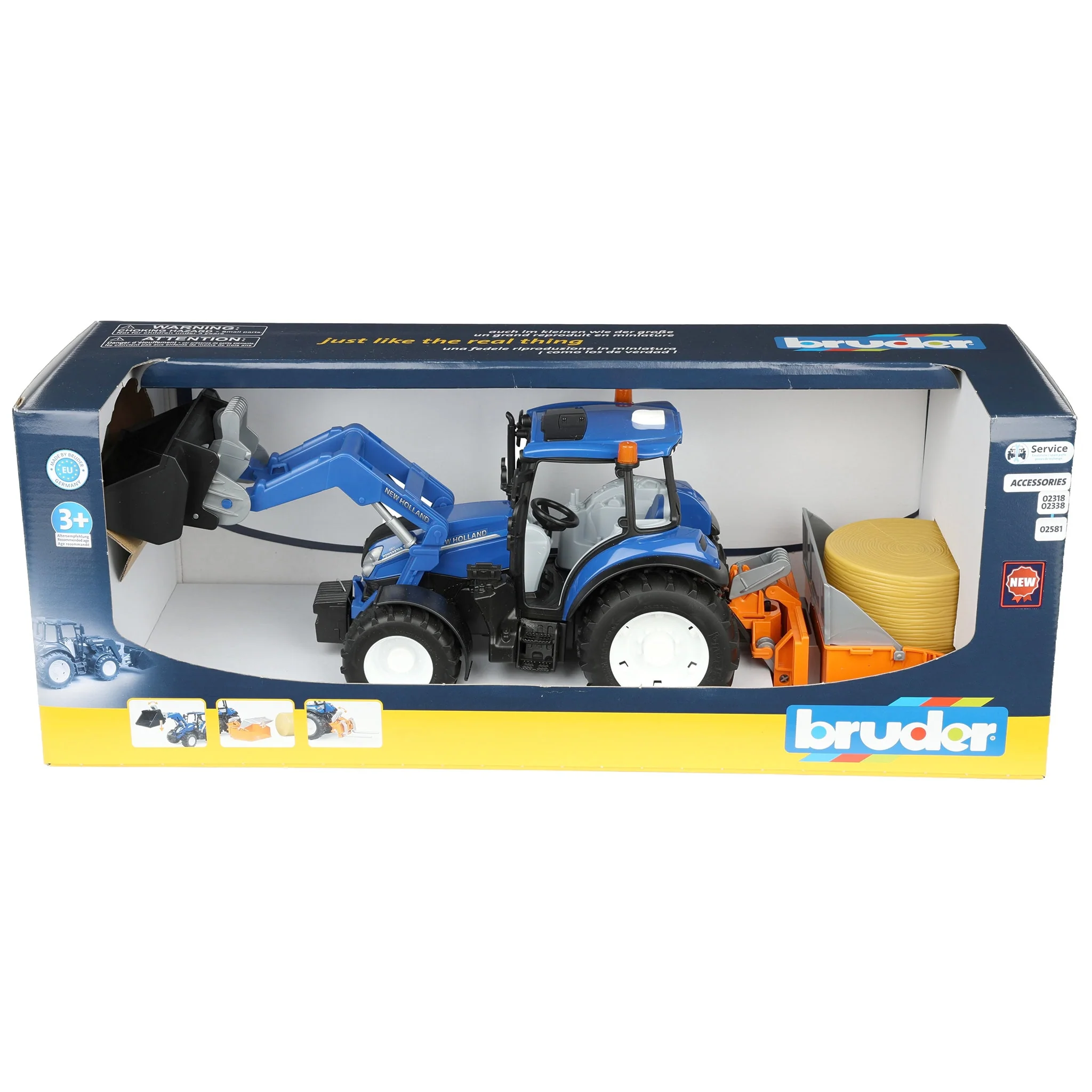 1/16 New Holland Powerstar T5.120 Tractor with Front Loader, Loading Box, Forks & Round Bales by Bruder - Image 9
