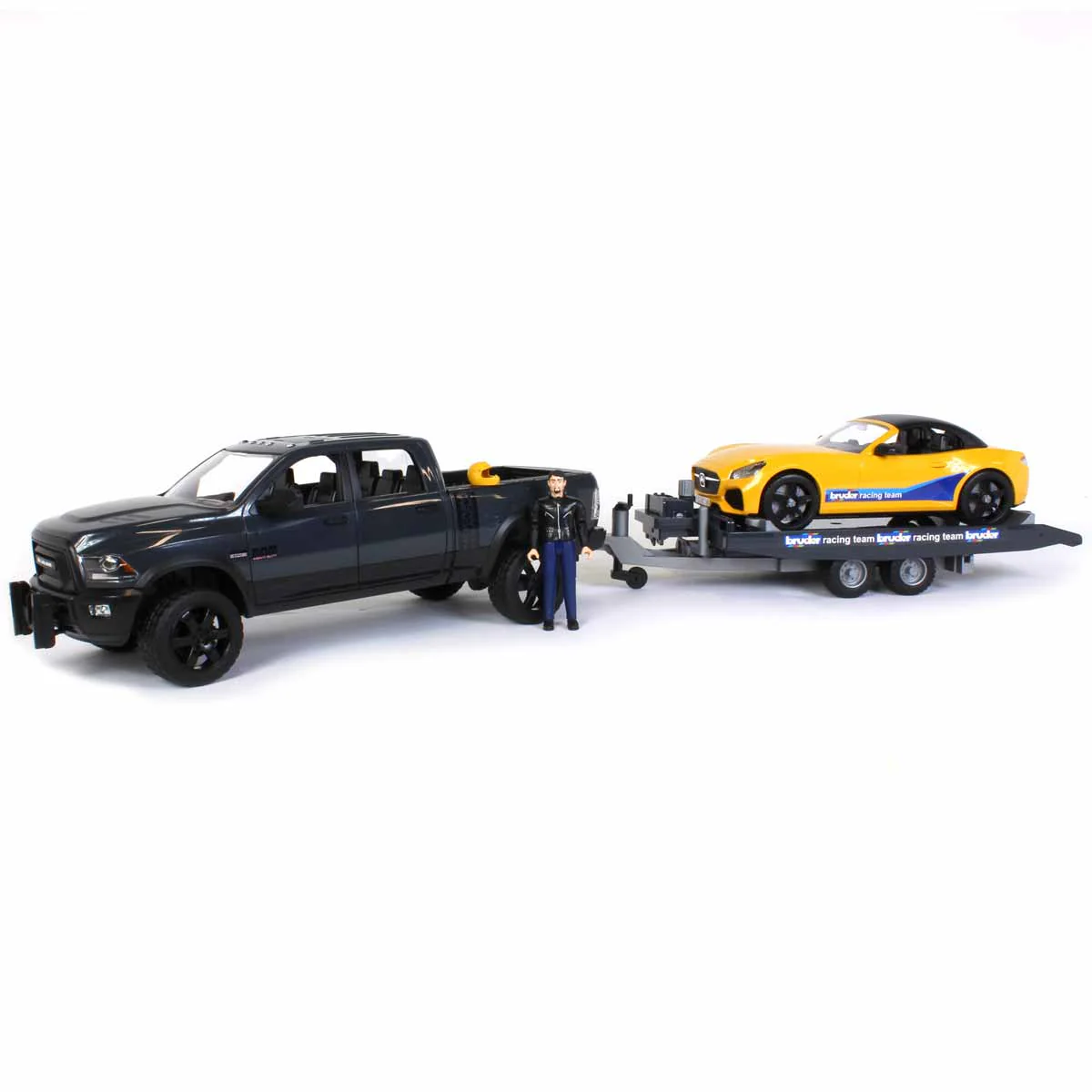 1/16 RAM 2500 Pickup with Yellow Racing Team Roadster by Bruder