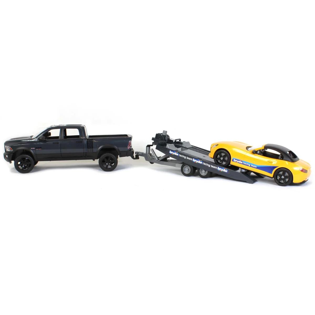 1/16 RAM 2500 Pickup with Yellow Racing Team Roadster by Bruder - Image 2