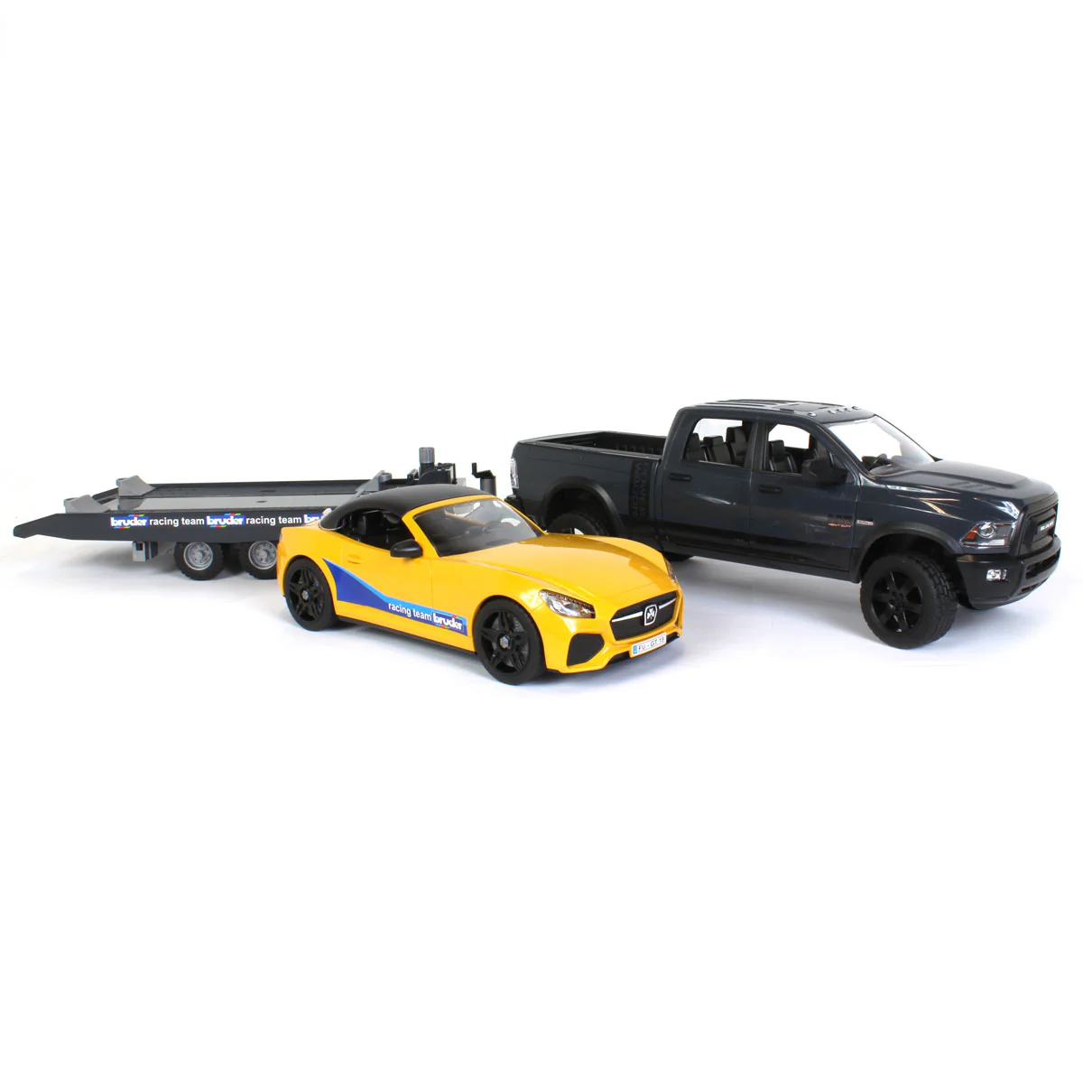 1/16 RAM 2500 Pickup with Yellow Racing Team Roadster by Bruder - Image 4