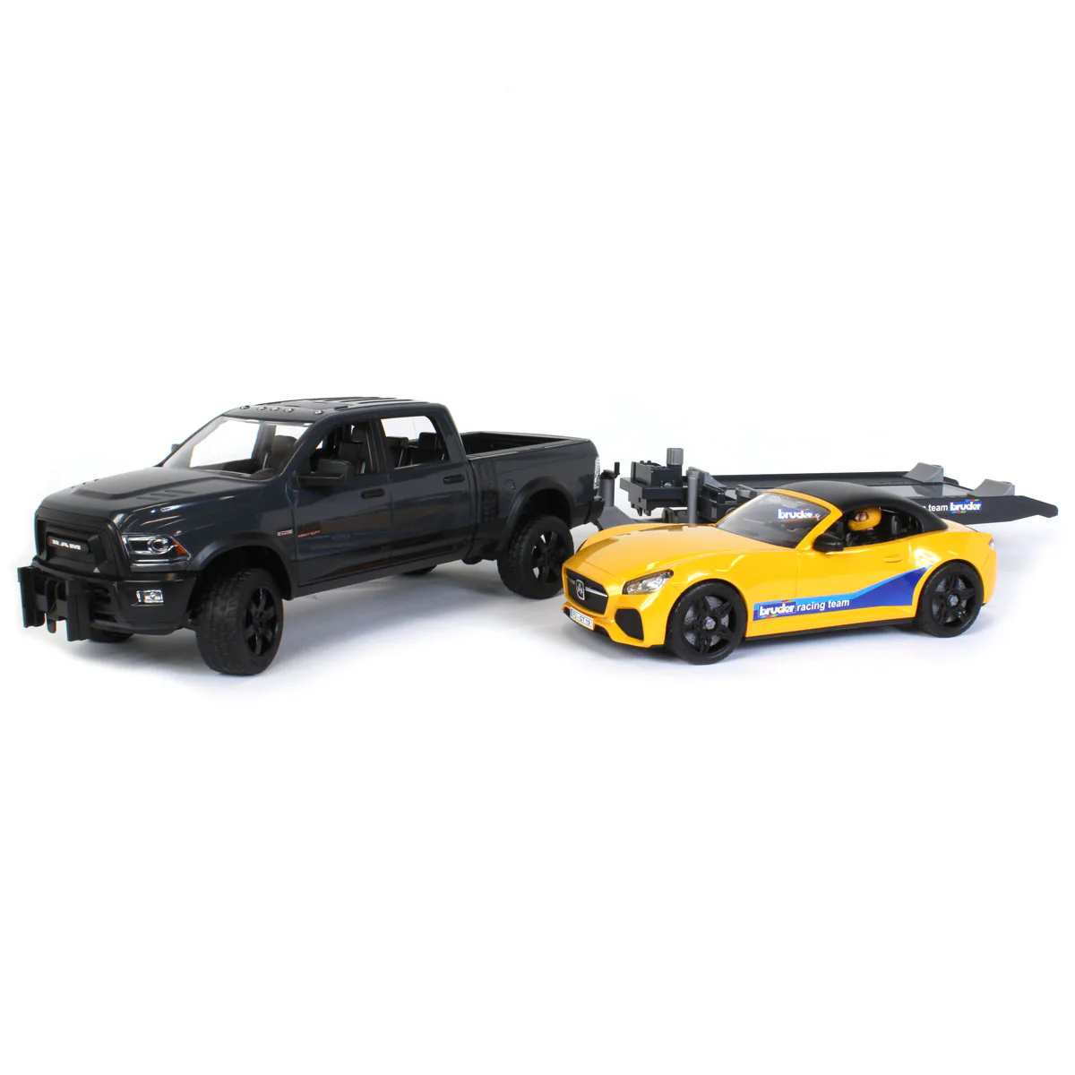 1/16 RAM 2500 Pickup with Yellow Racing Team Roadster by Bruder - Image 5