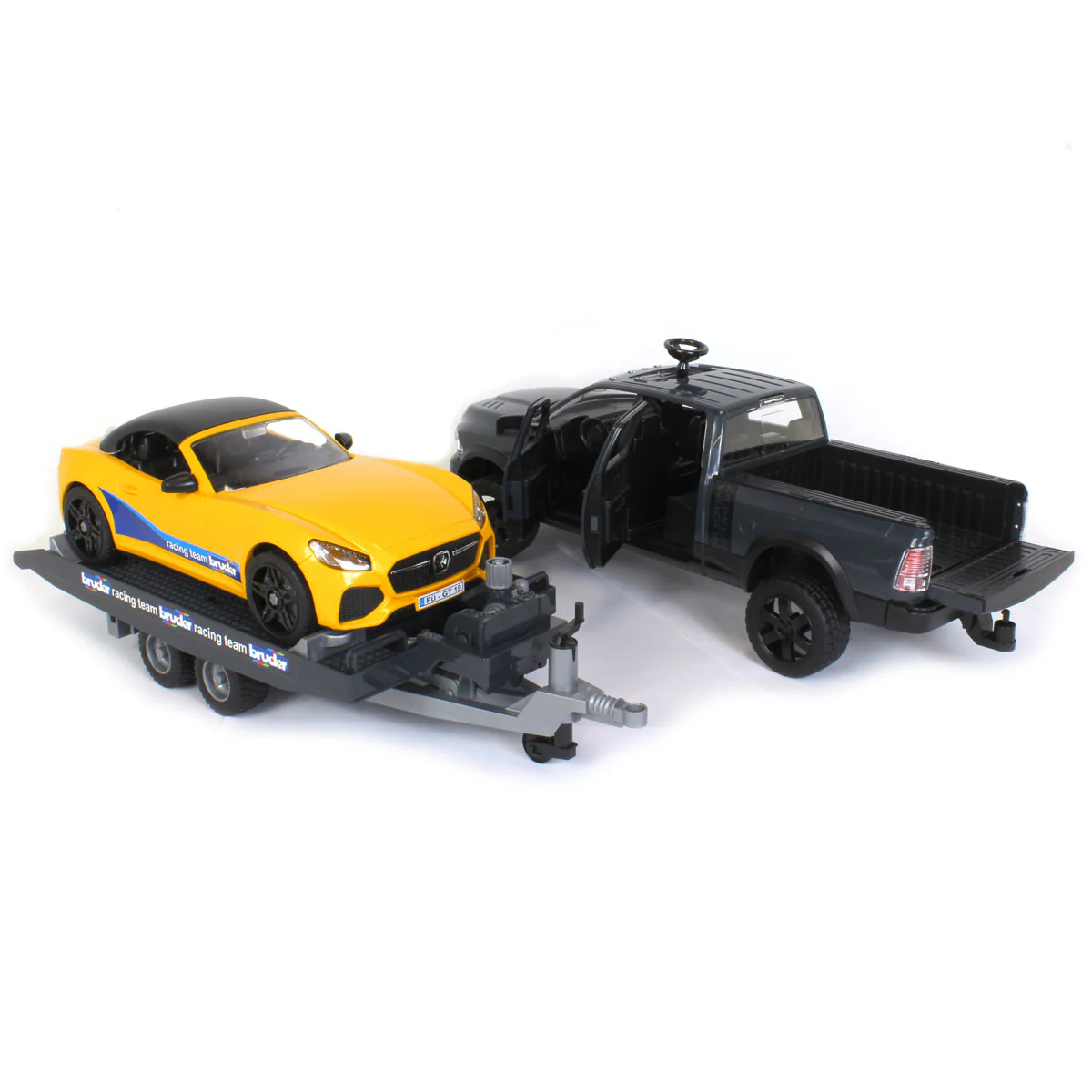 1/16 RAM 2500 Pickup with Yellow Racing Team Roadster by Bruder - Image 6