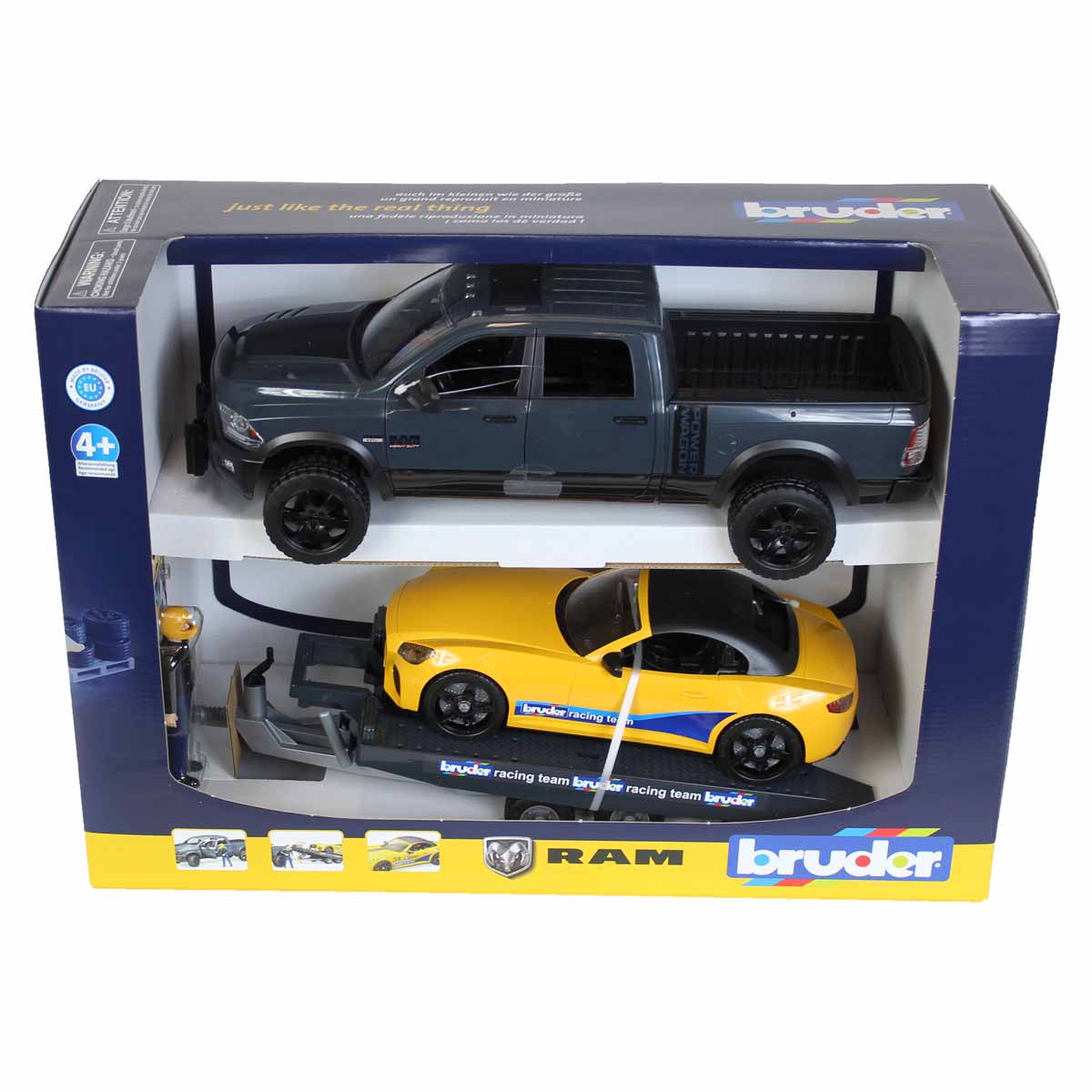 1/16 RAM 2500 Pickup with Yellow Racing Team Roadster by Bruder - Image 8