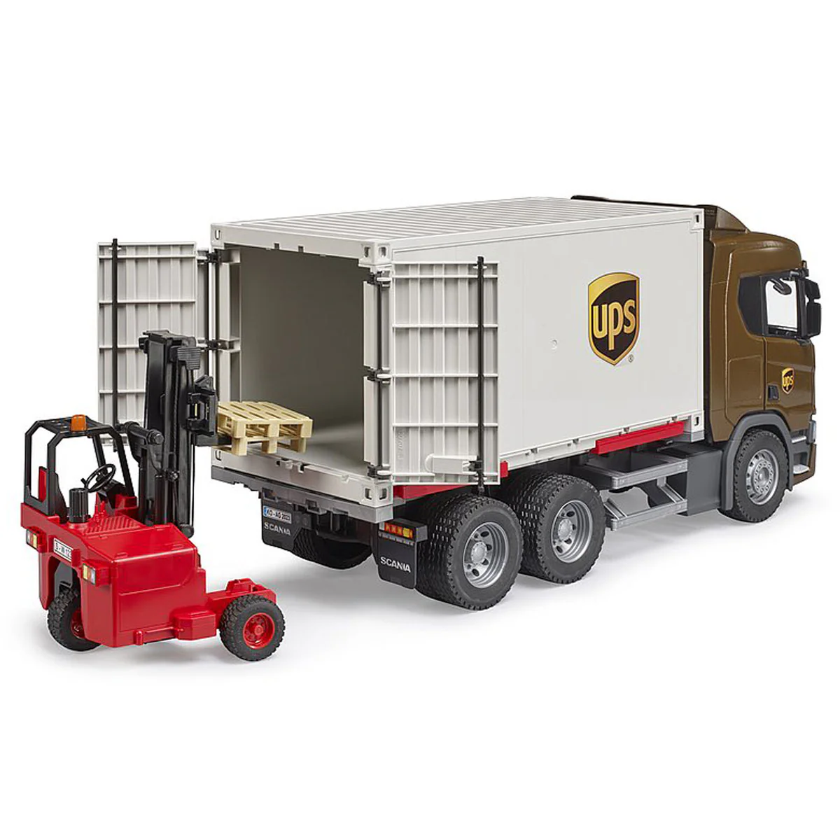 1/16 Scania Super 560R UPS Logistics Truck with Forklift by Bruder - Image 3