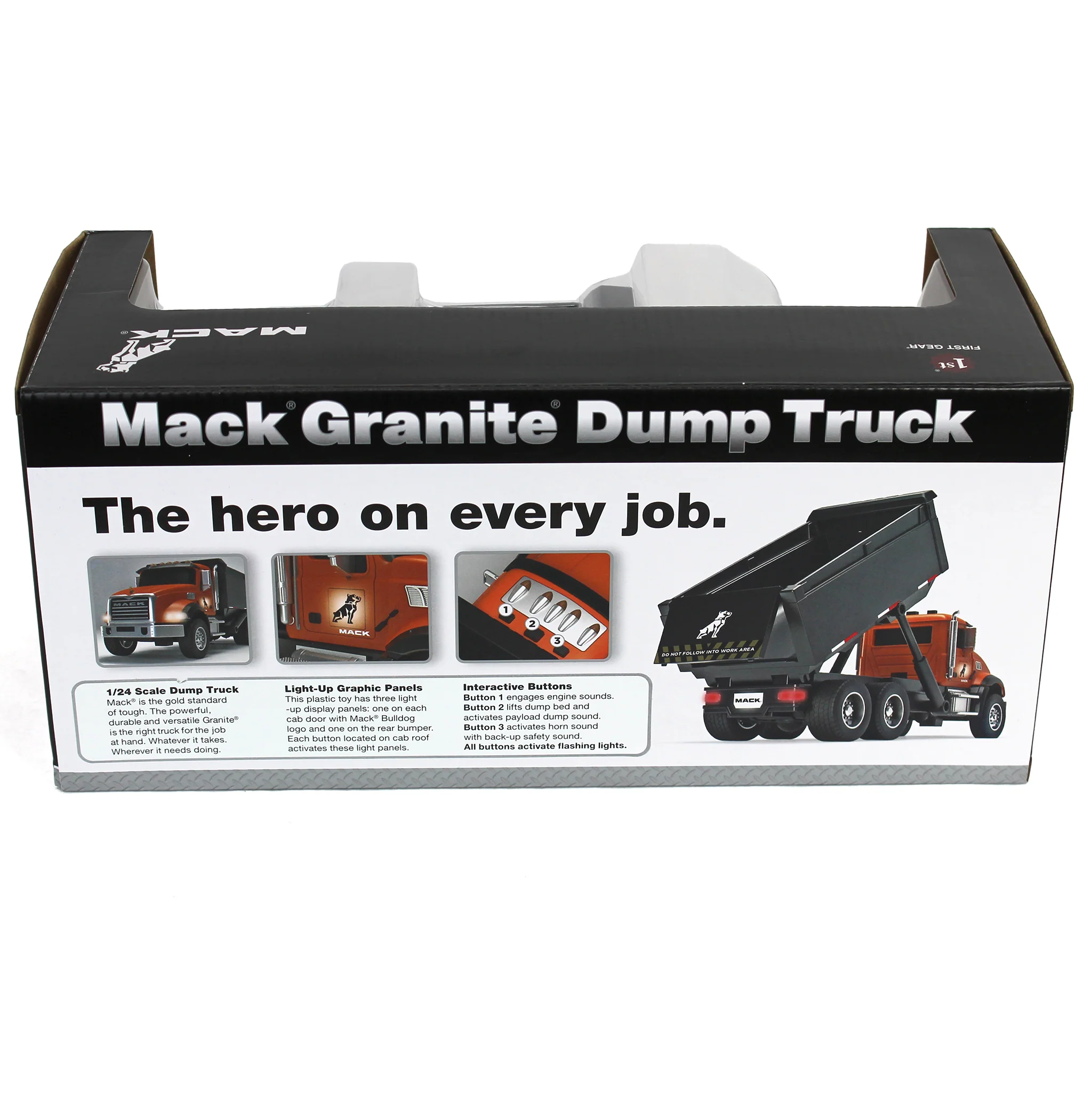 1/24 Durable Plastic Mack Granite Dump Truck with Lights & Sounds - Image 6
