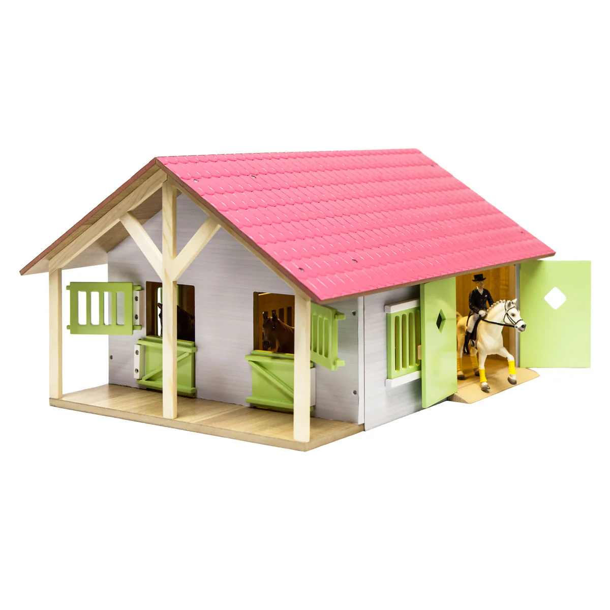 1/24 Pink, White & Green Wooden Horse Stable with 2 Box Stalls & Workshop by Kids Globe