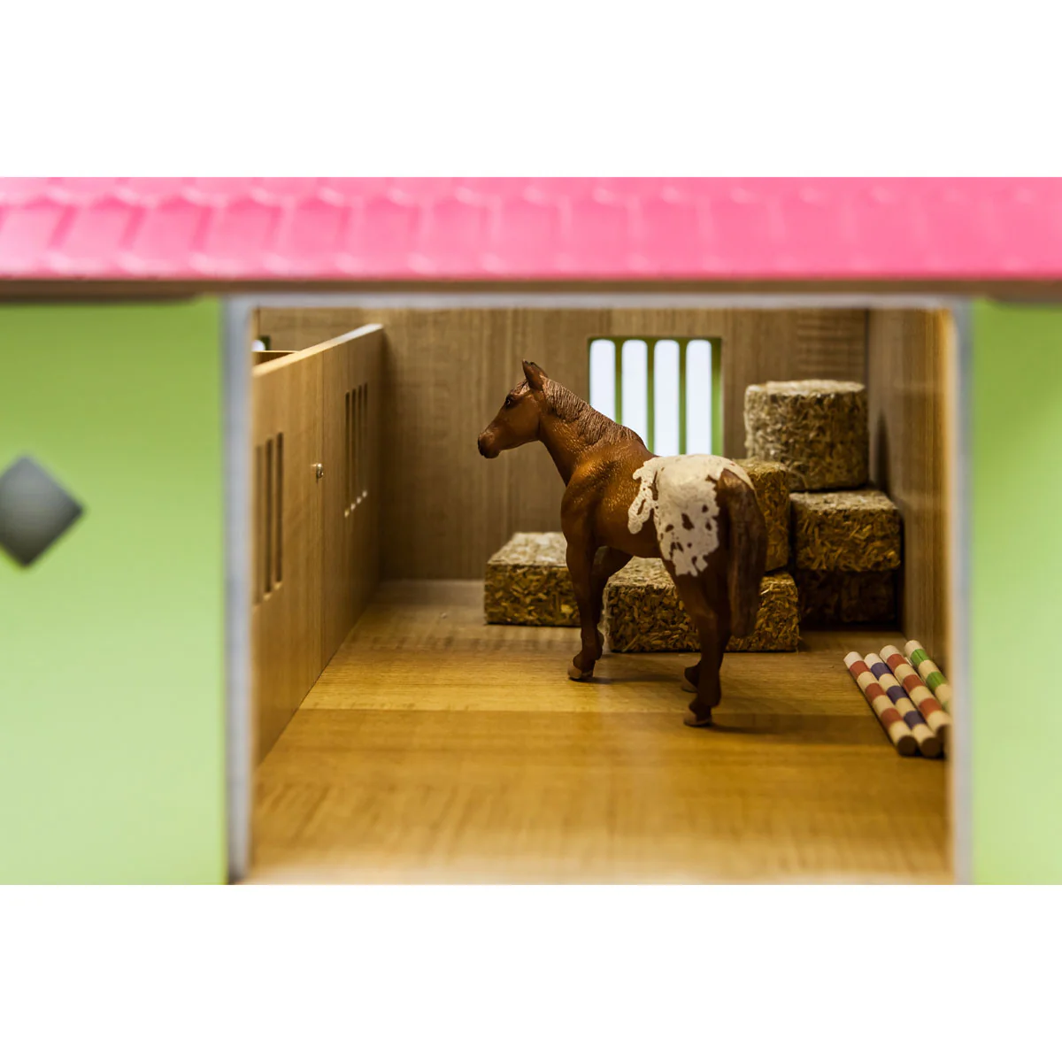 1/24 Pink, White & Green Wooden Horse Stable with 2 Box Stalls & Workshop by Kids Globe - Image 2