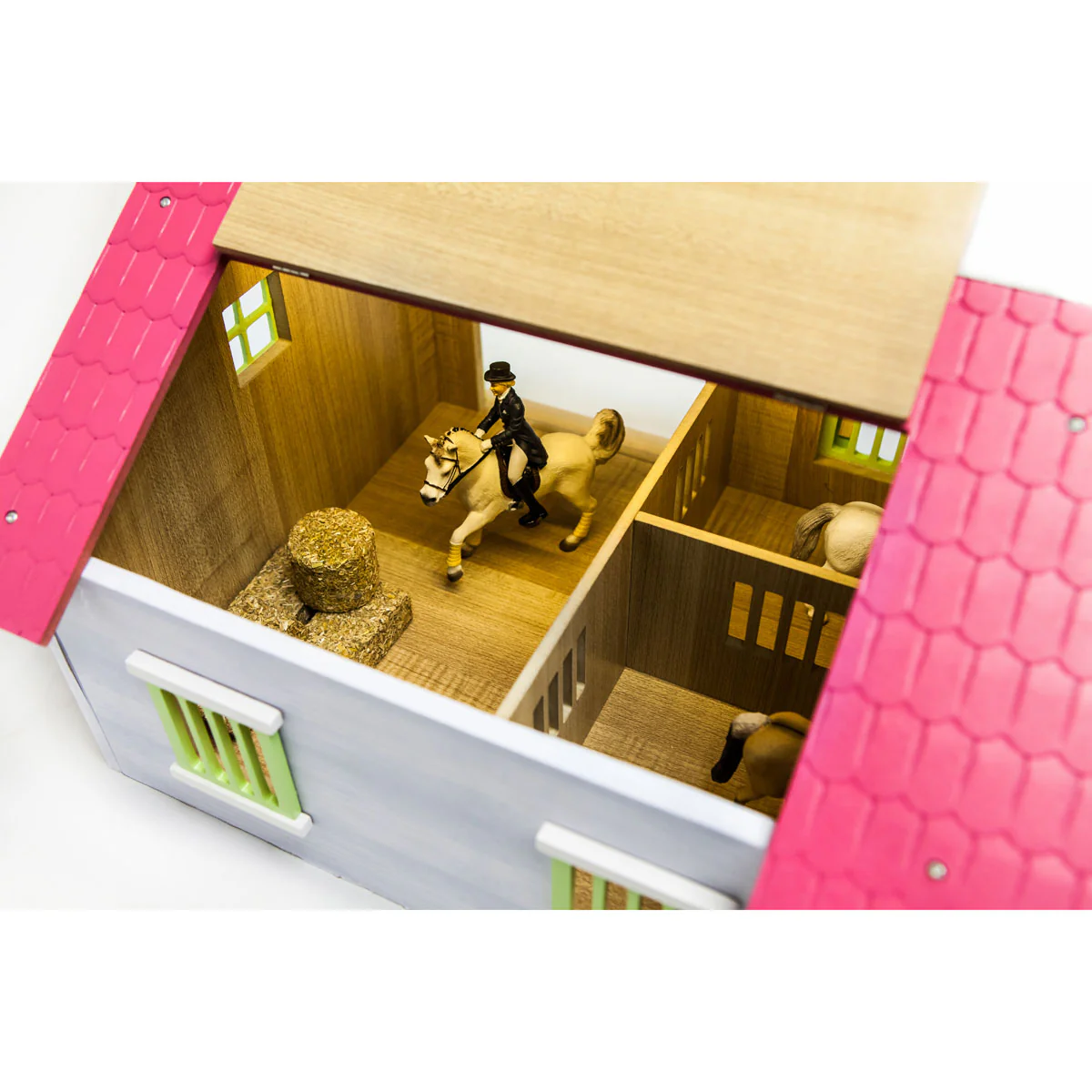 1/24 Pink, White & Green Wooden Horse Stable with 2 Box Stalls & Workshop by Kids Globe - Image 3