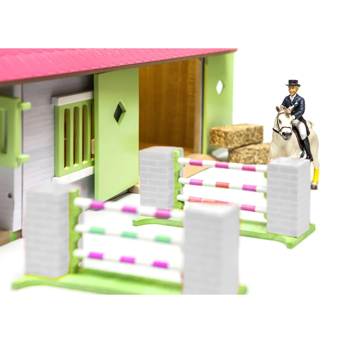 1/24 Pink, White & Green Wooden Horse Stable with 2 Box Stalls & Workshop by Kids Globe - Image 4