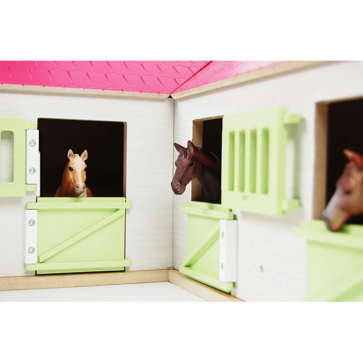 1/24 Pink & White Kids Globe Wooden Horse Stable with 4 Boxes, Storage and Wash Box - Image 3