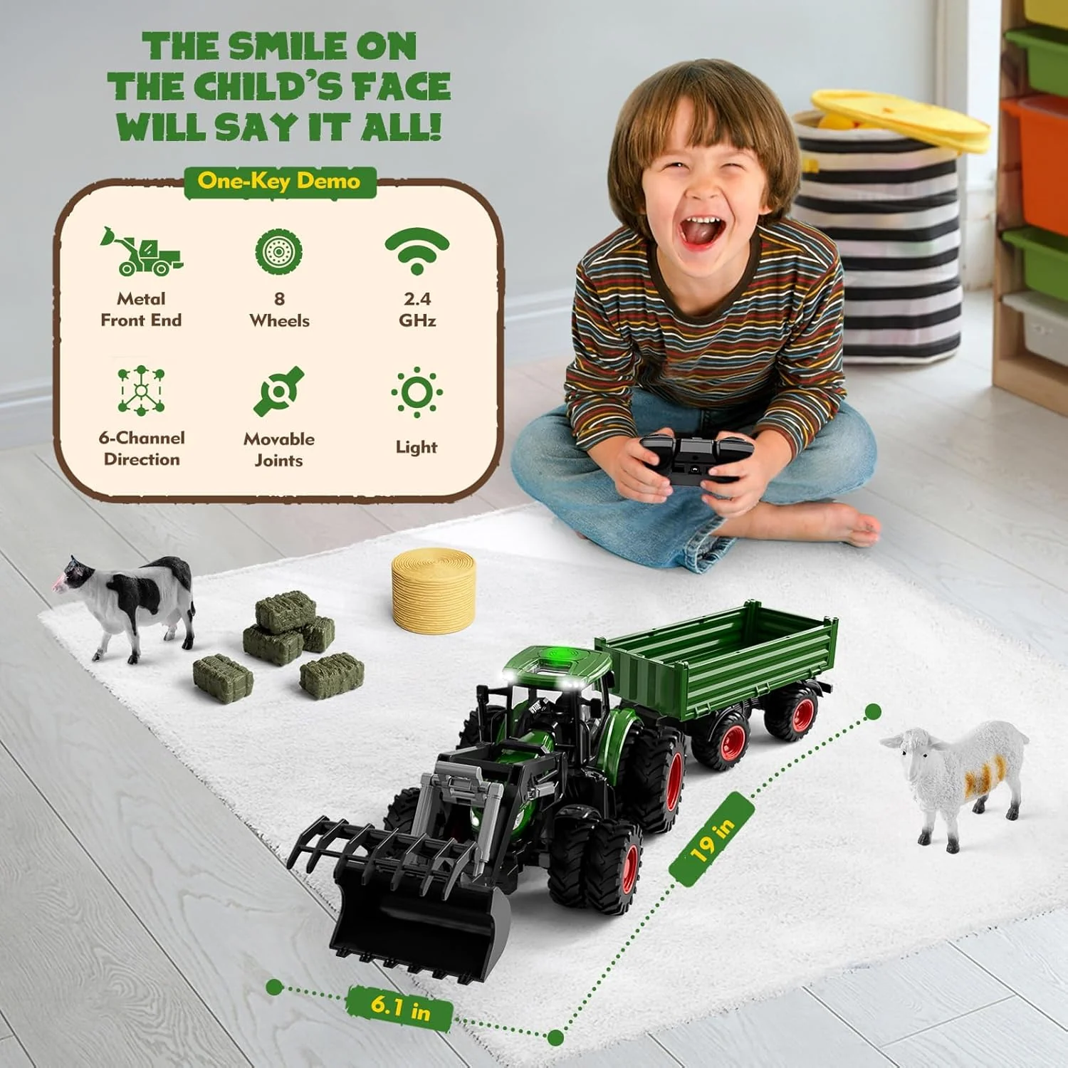 1/24 Remote Control Green Tractor Toy Set with Trailer, Loader, Duals, Lights, & Accessories by Uarzt, Great for Kids' Play! - Image 4