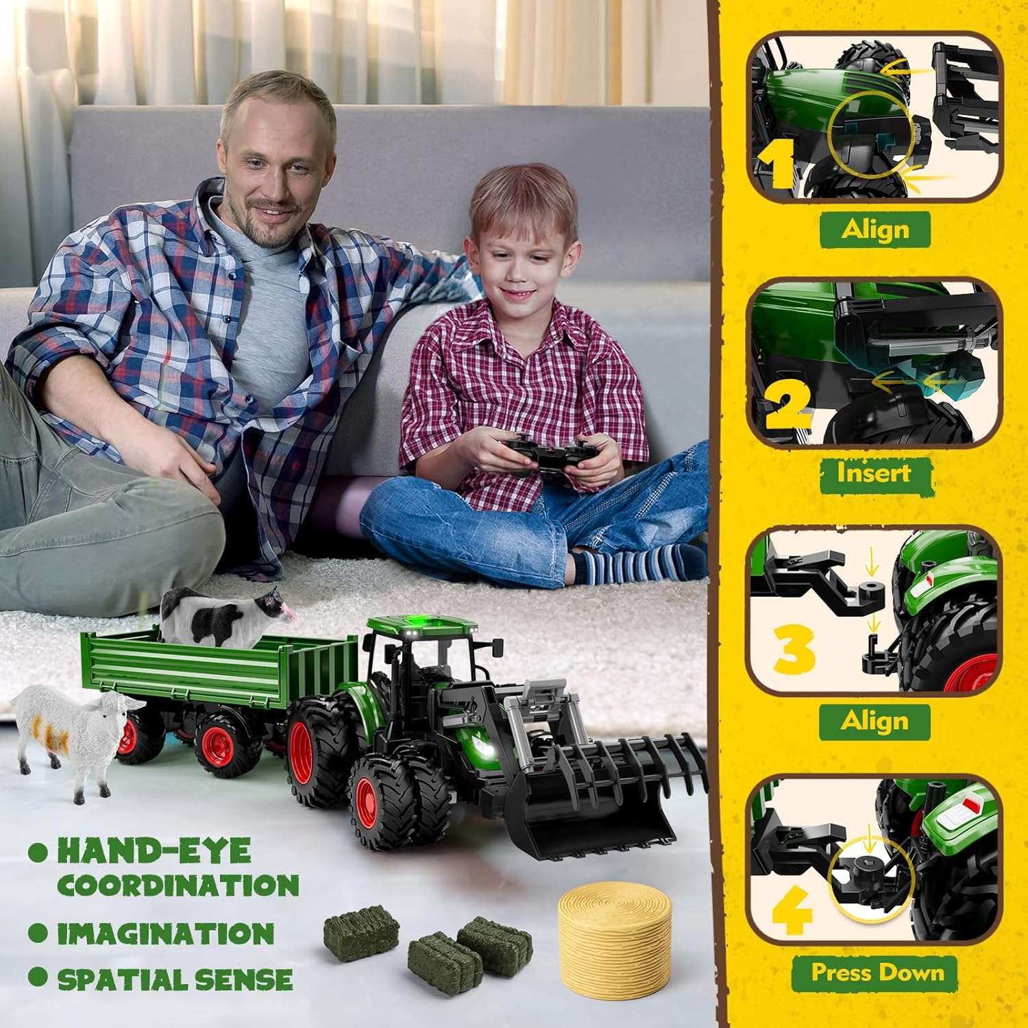 1/24 Remote Control Green Tractor Toy Set with Trailer, Loader, Duals, Lights, & Accessories by Uarzt, Great for Kids' Play! - Image 5