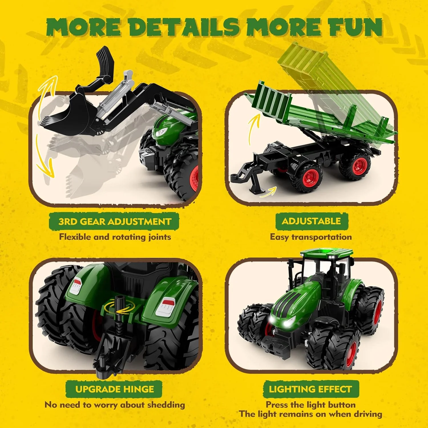 1/24 Remote Control Green Tractor Toy Set with Trailer, Loader, Duals, Lights, & Accessories by Uarzt, Great for Kids' Play! - Image 6