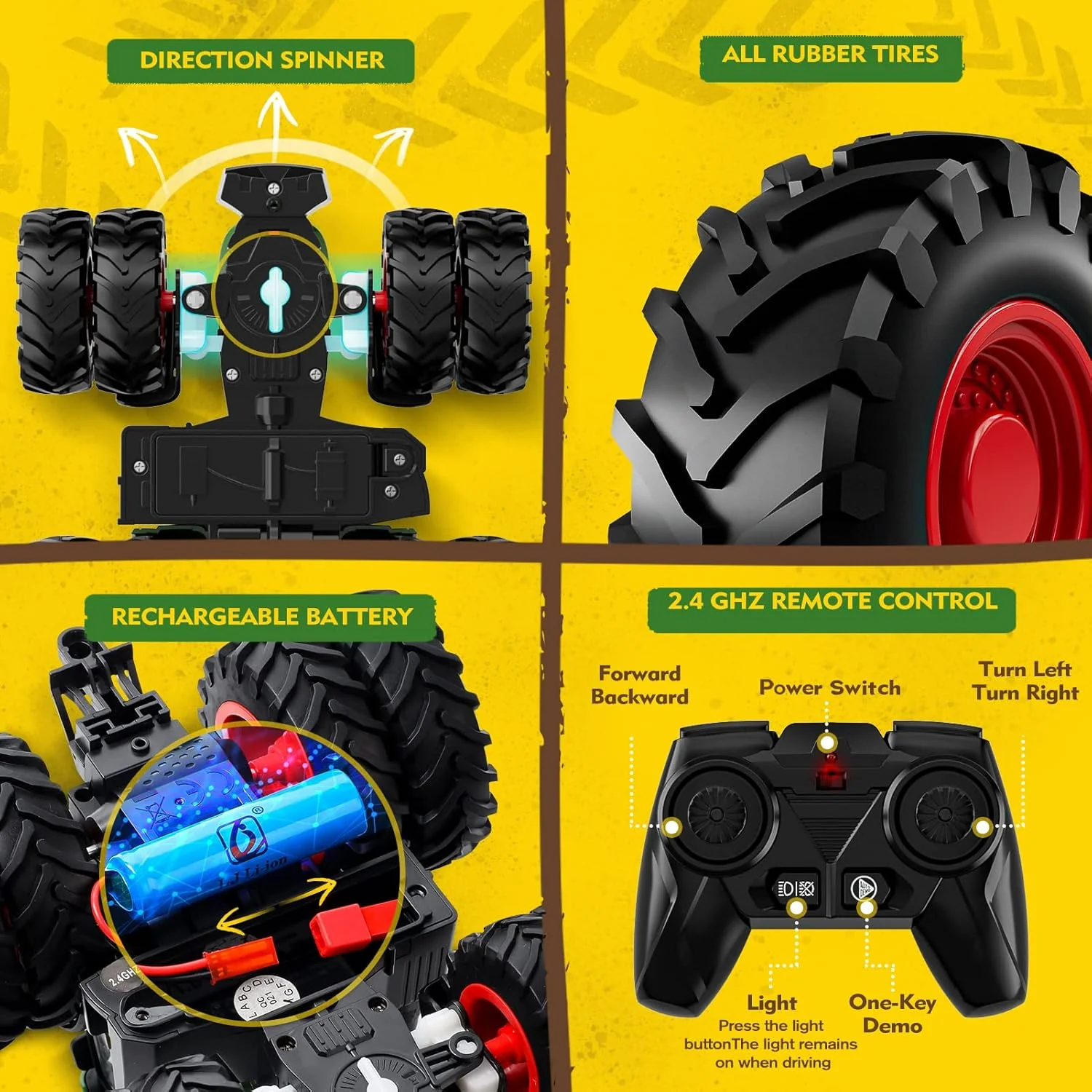 1/24 Remote Control Green Tractor Toy Set with Trailer, Loader, Duals, Lights, & Accessories by Uarzt, Great for Kids' Play! - Image 7