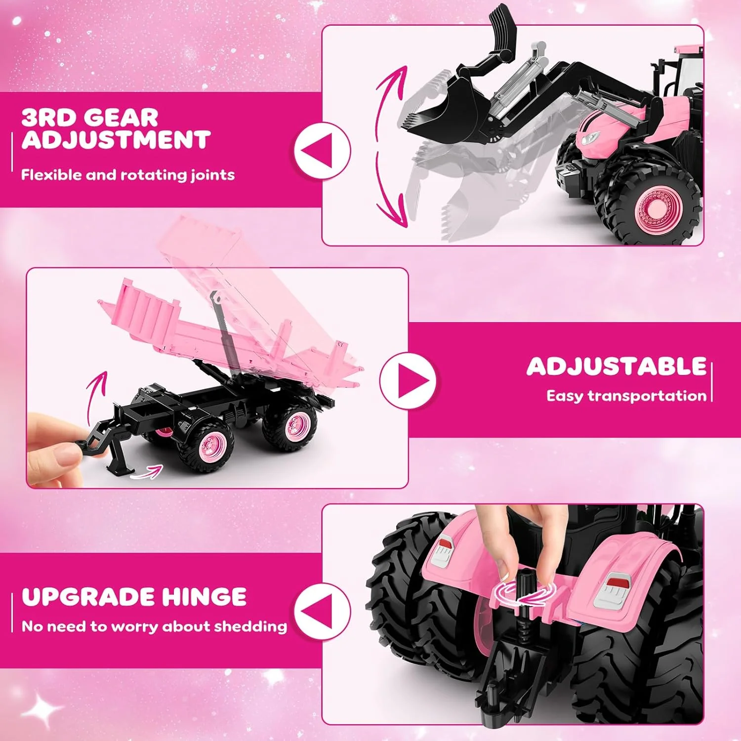 1/24 Remote Control Pink Tractor Toy Set with Trailer, Loader, Duals, Lights, & Accessories by Uarzt, Great for Play! - Image 2