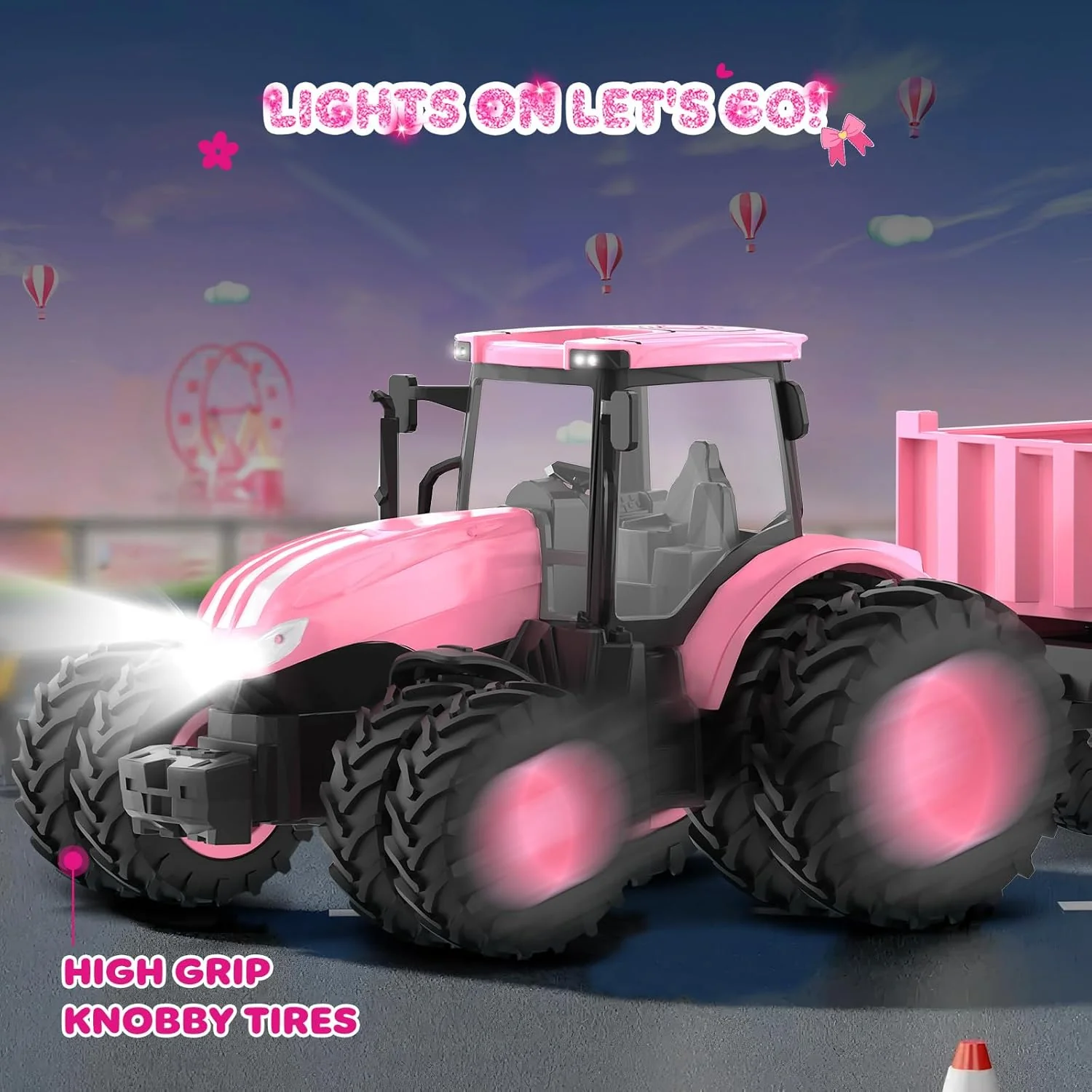1/24 Remote Control Pink Tractor Toy Set with Trailer, Loader, Duals, Lights, & Accessories by Uarzt, Great for Play! - Image 3