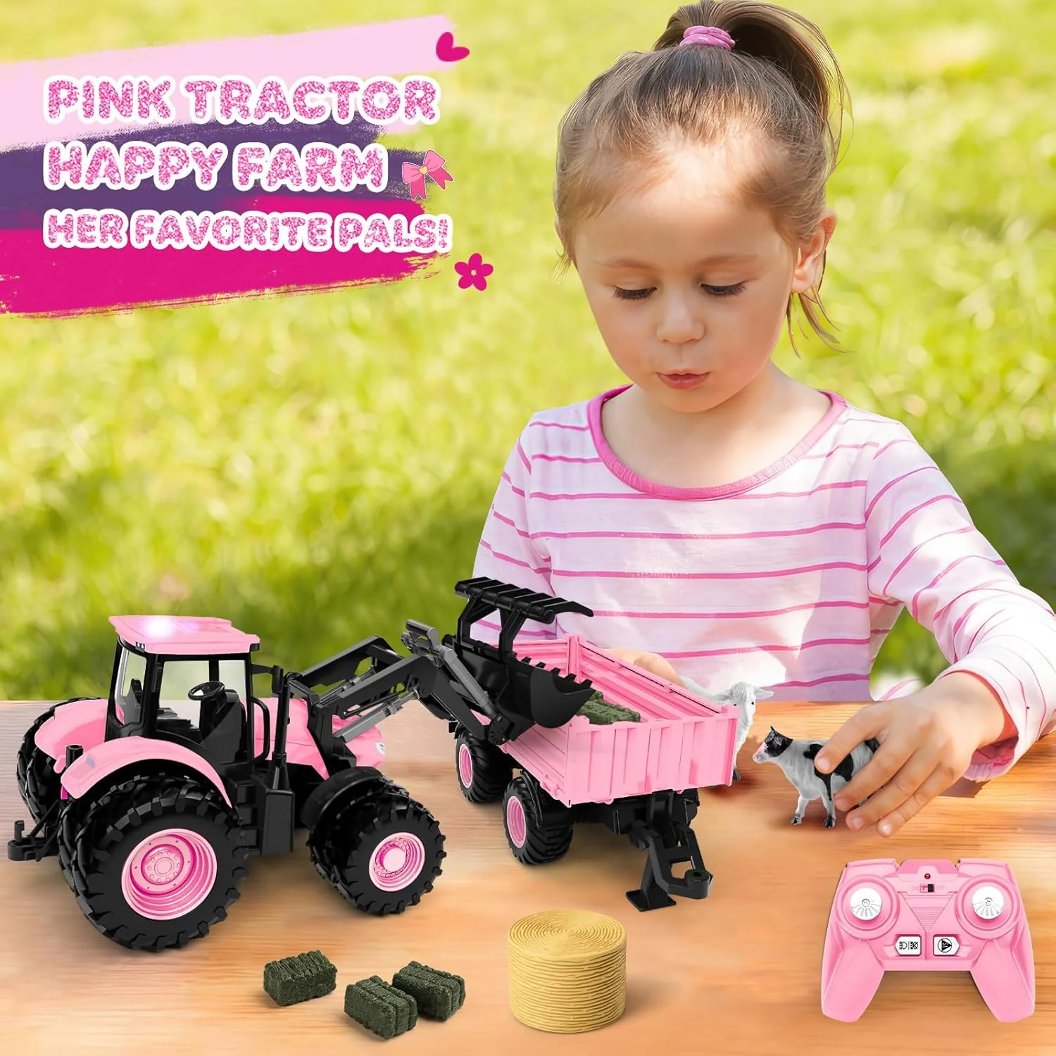 1/24 Remote Control Pink Tractor Toy Set with Trailer, Loader, Duals, Lights, & Accessories by Uarzt, Great for Play! - Image 4