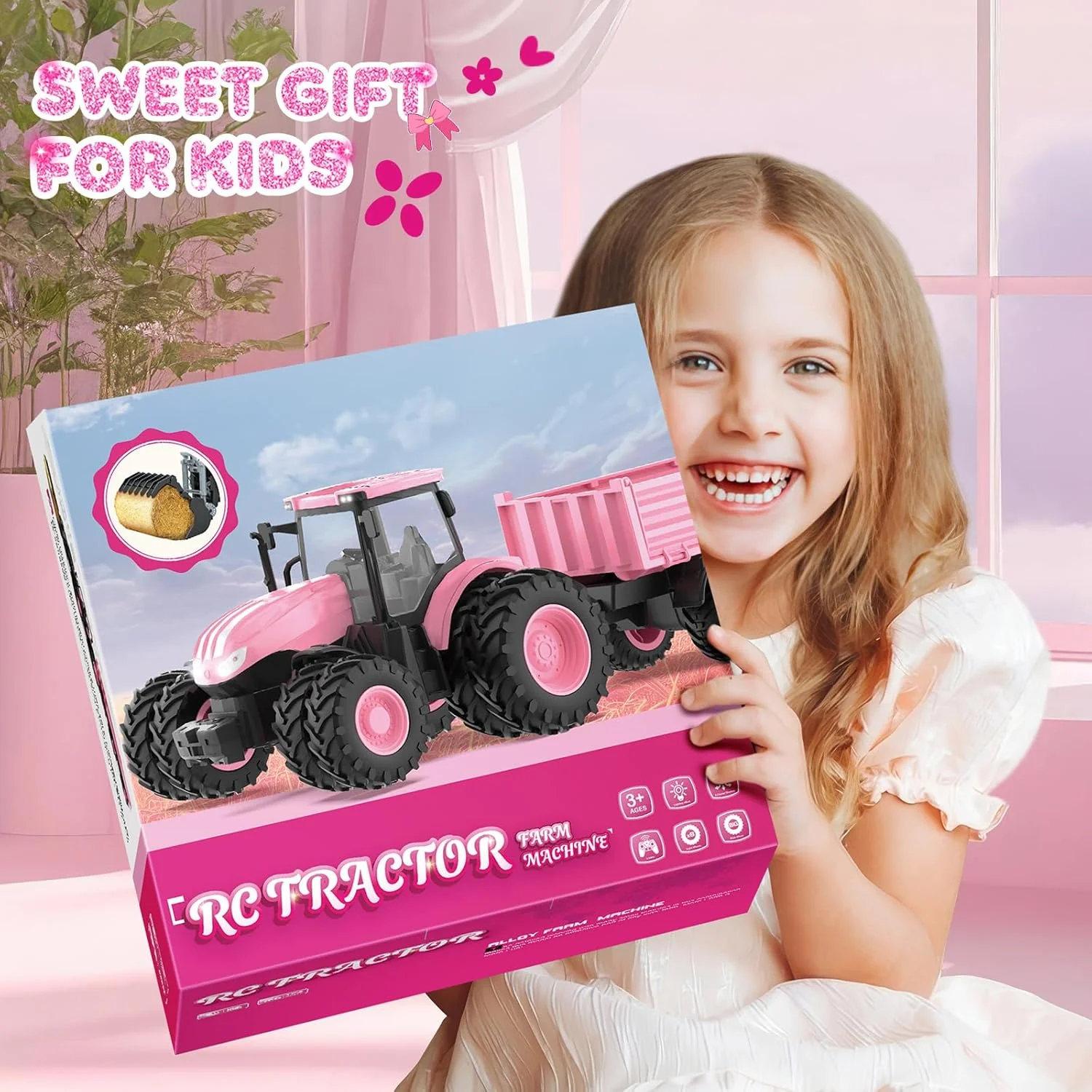 1/24 Remote Control Pink Tractor Toy Set with Trailer, Loader, Duals, Lights, & Accessories by Uarzt, Great for Play! - Image 5