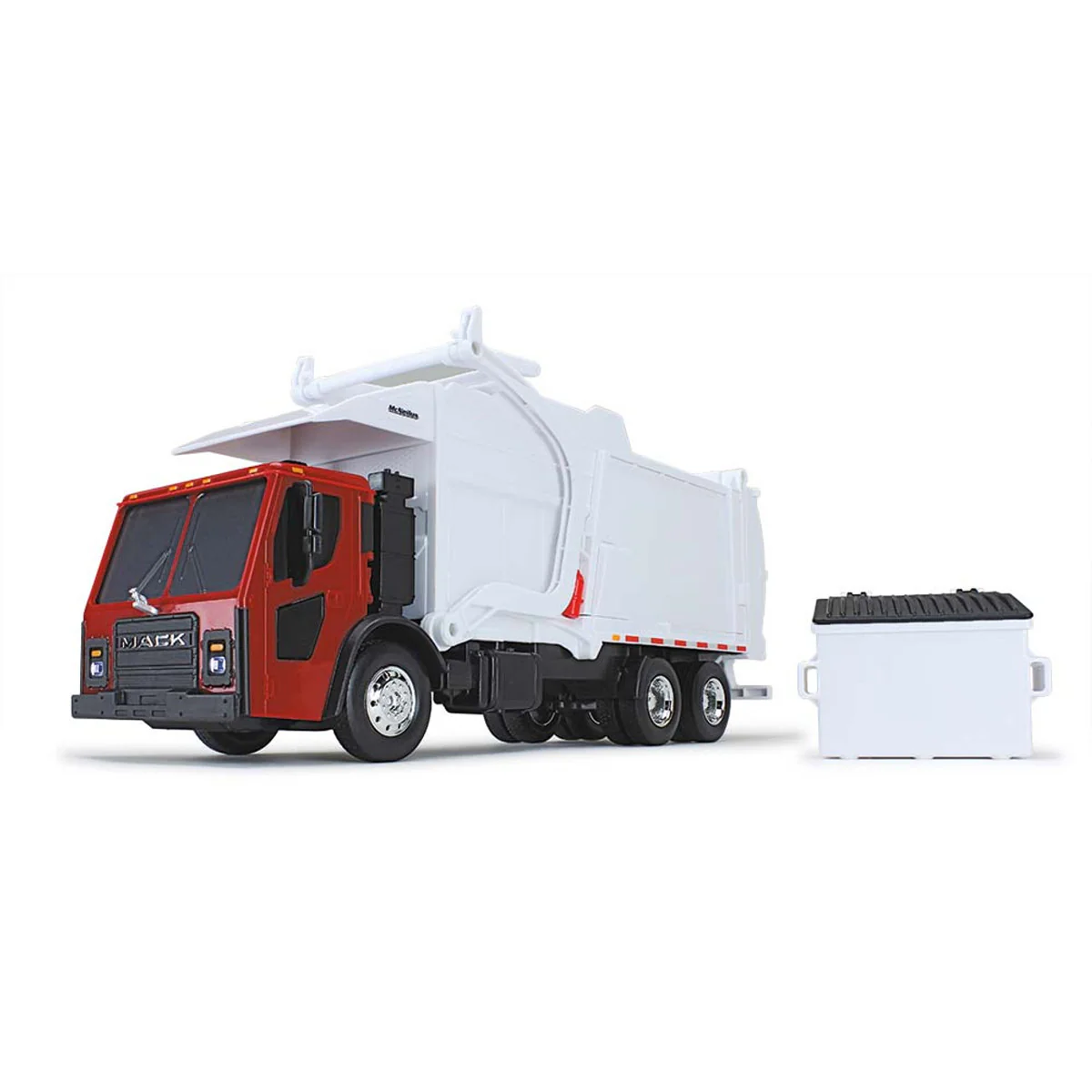 1/25 Red/White Mack LR Garbage Truck with McNeilus Meridian Loader & Dumpster (Includes Lights & Sounds!) by First Gear
