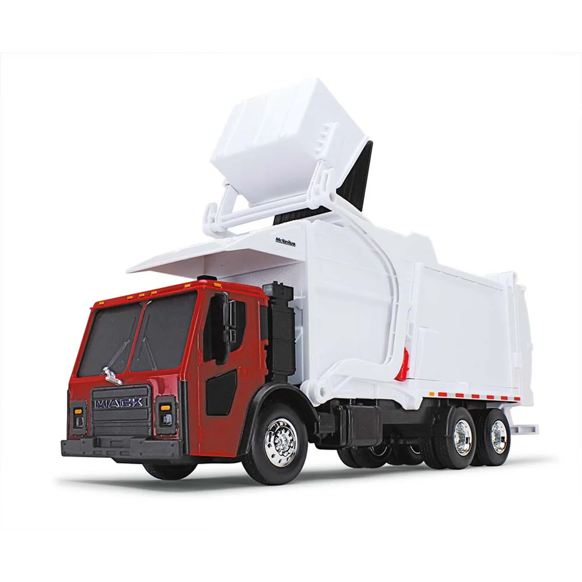1/25 Red/White Mack LR Garbage Truck with McNeilus Meridian Loader & Dumpster (Includes Lights & Sounds!) by First Gear - Image 2