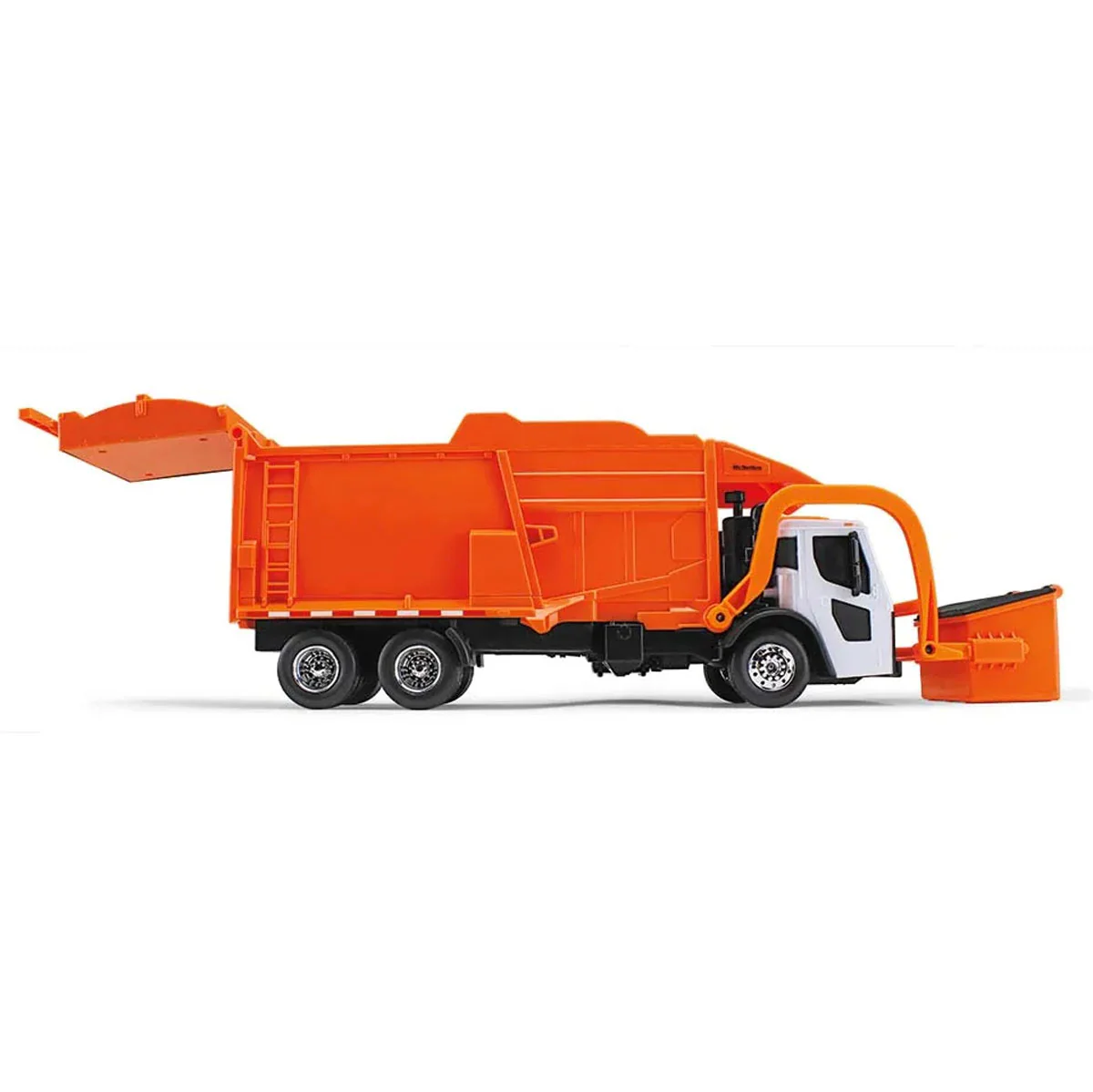 1/25 White/Orange Mack LR Garbage Truck with McNeilus Meridian Loader & Dumpster (Includes Lights & Sounds!) by First Gear - Image 4