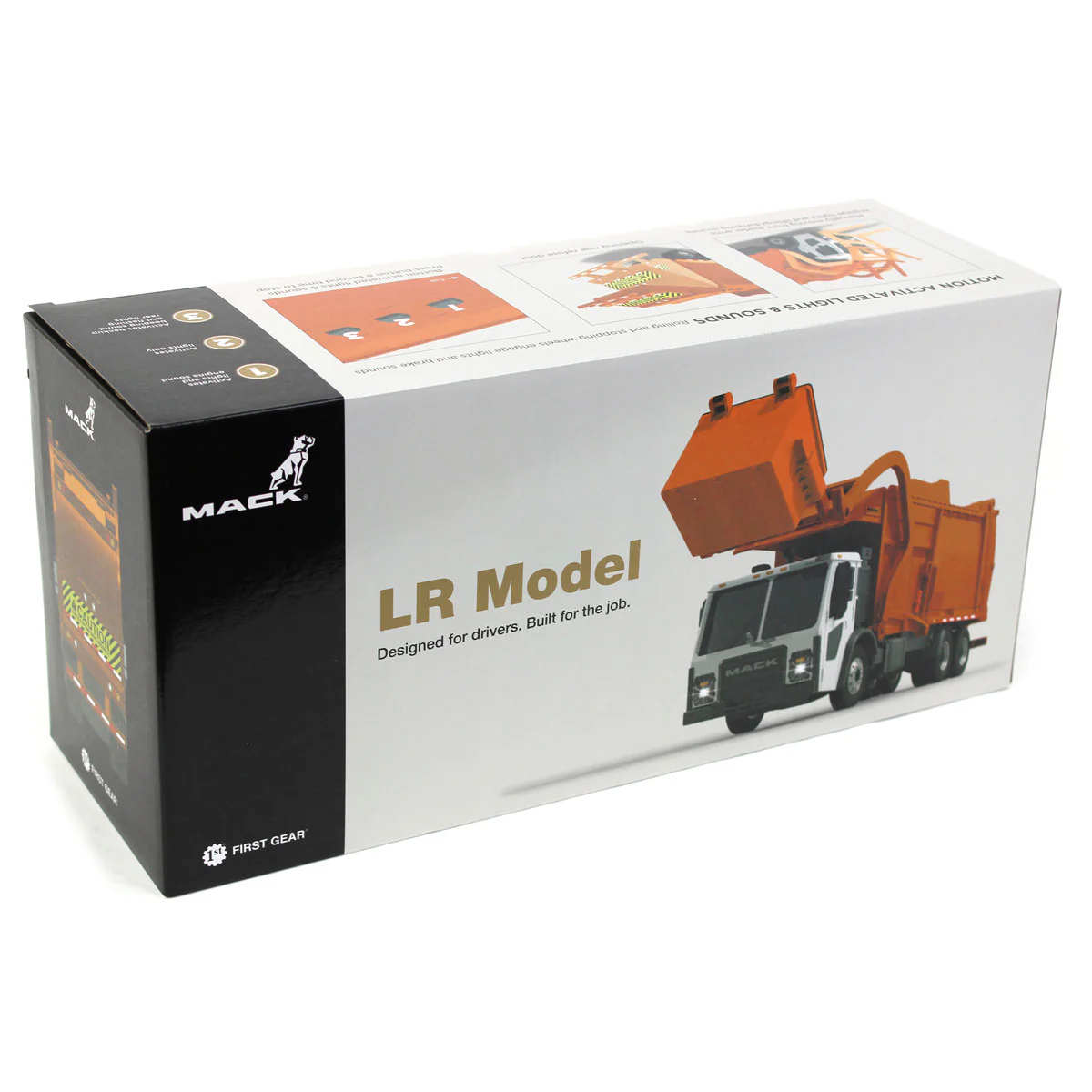 1/25 White/Orange Mack LR Garbage Truck with McNeilus Meridian Loader & Dumpster (Includes Lights & Sounds!) by First Gear - Image 5