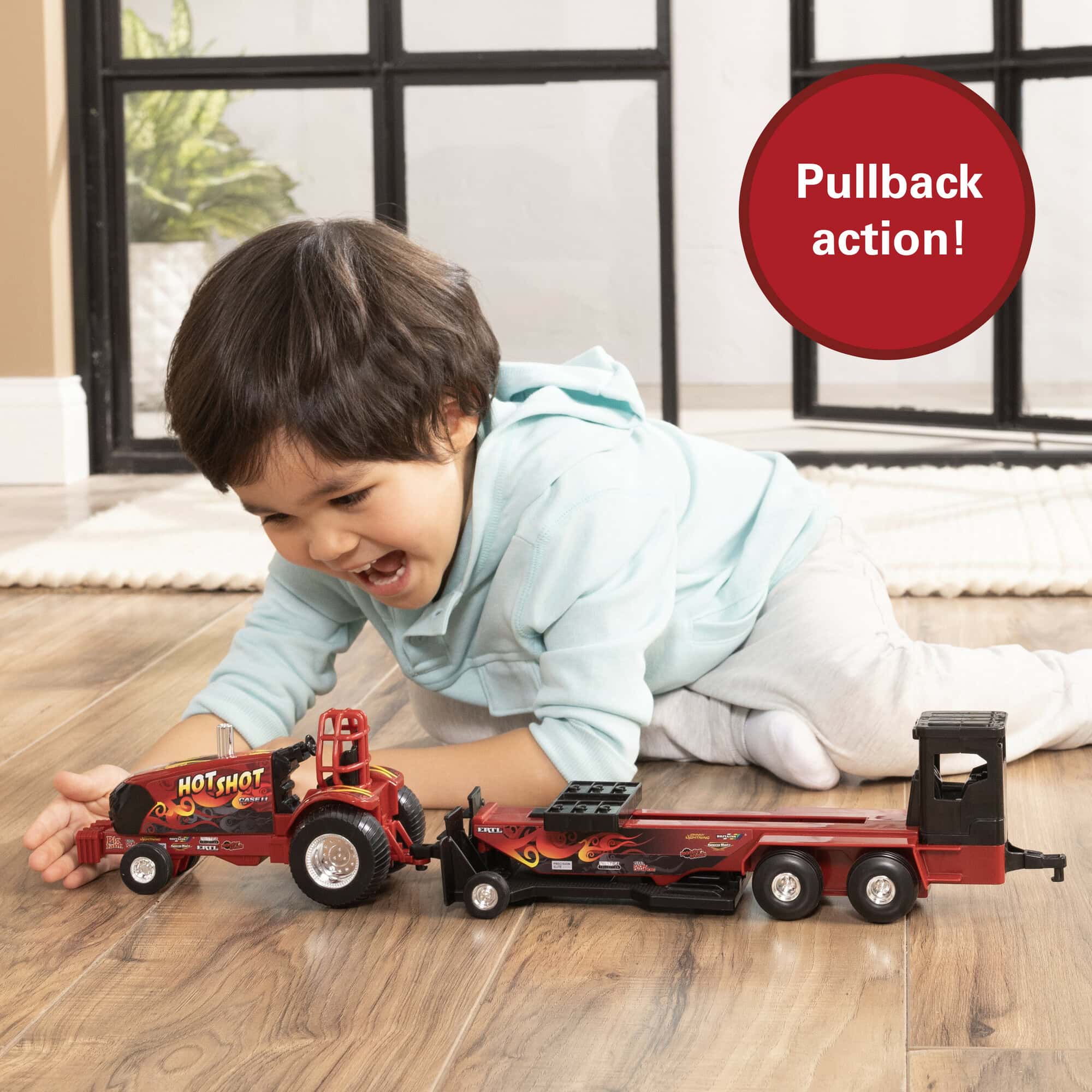1/32 Case IH "Hot Shot" Pullback Pulling Tractor with Sled - Image 6