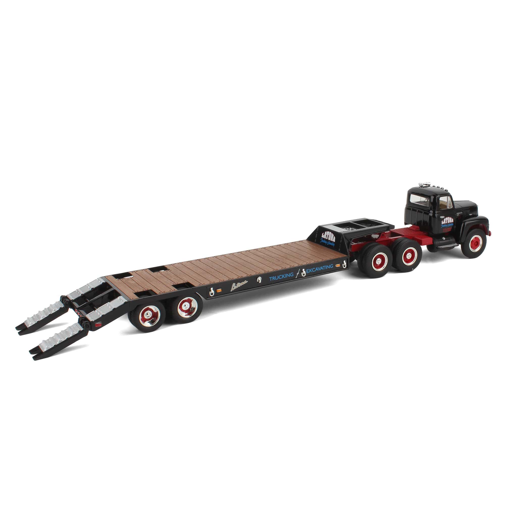 1/34 1959 International RF-200 Tandem Axle Tractor with Lowboy Trailer, Latona Trucking & Excavating by First Gear - Image 3