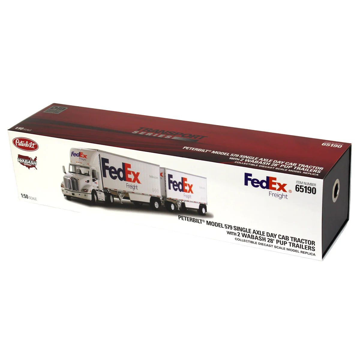 1/50 FedEx Peterbilt 579 Single-Axle Semi Truck with Day Cab & 2 Wabash 28ft Pup Trailers by Diecast Masters - Image 6