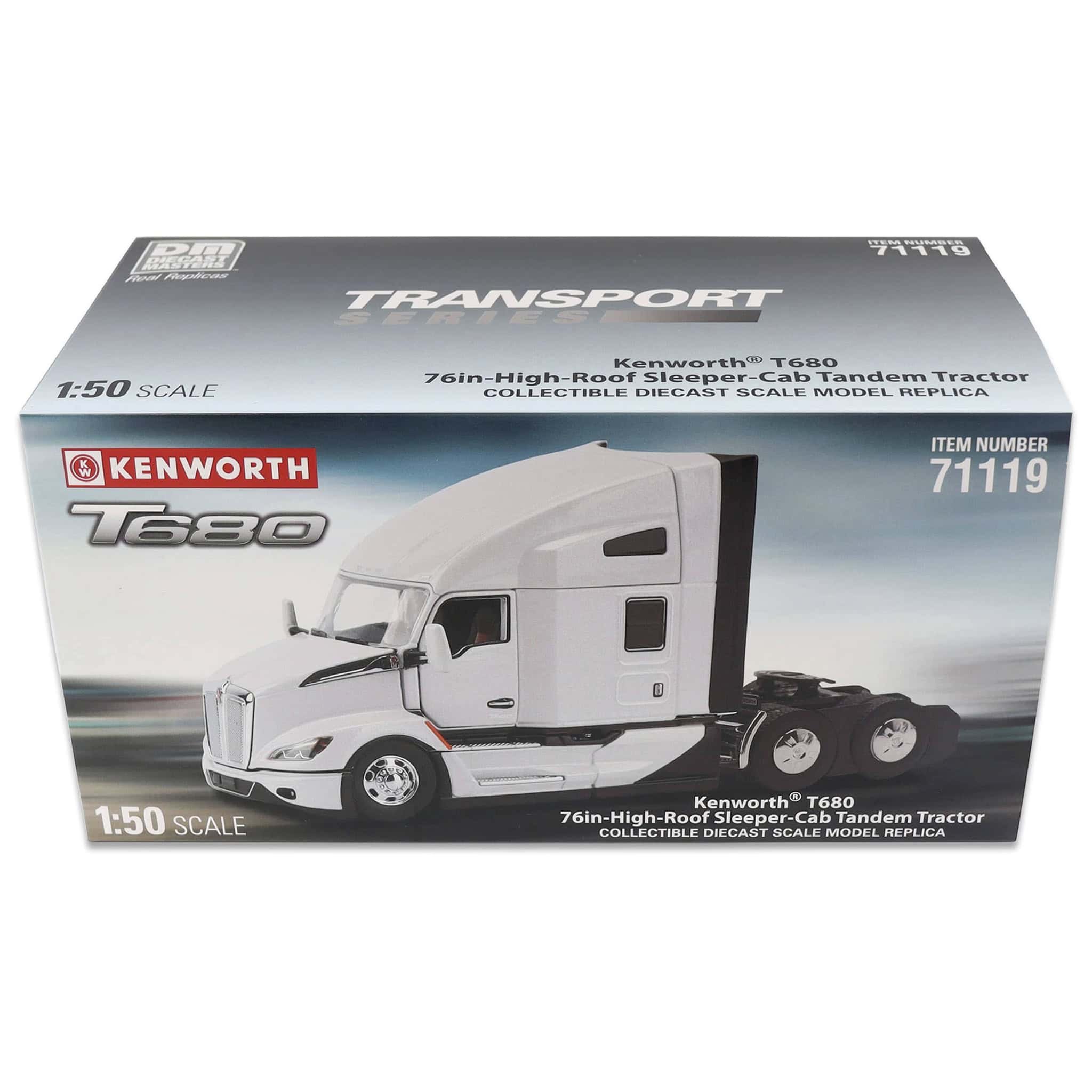 1/50 Pearl White Kenworth T680 76in High-Roof Sleeper Cab Tandem Tractor by Diecast Masters - Image 7
