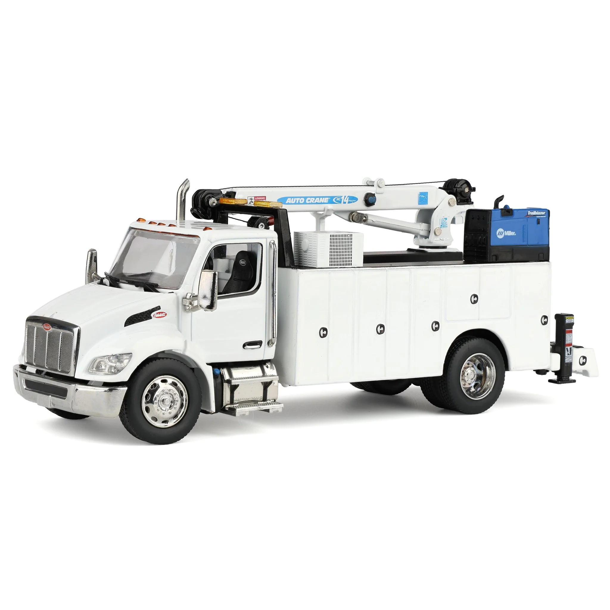 1/50 White Peterbilt Model 536 Crane Work Truck with Miller Trailblazer by Diecast Masters