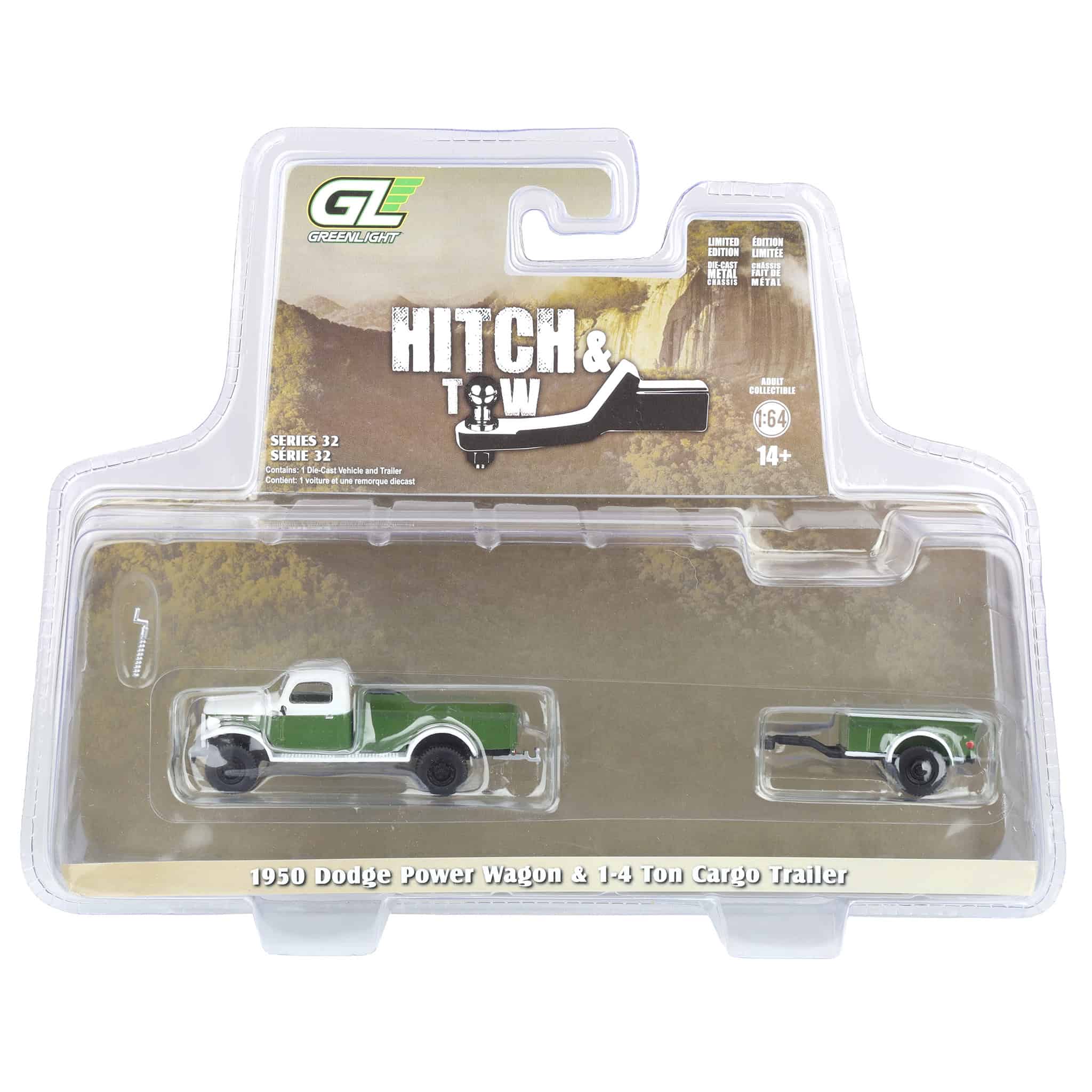 1/64 1950 Dodge Power Wagon with 1/4 Ton Cargo Trailer, Green & White, Hitch & Tow Series 32 - Image 9