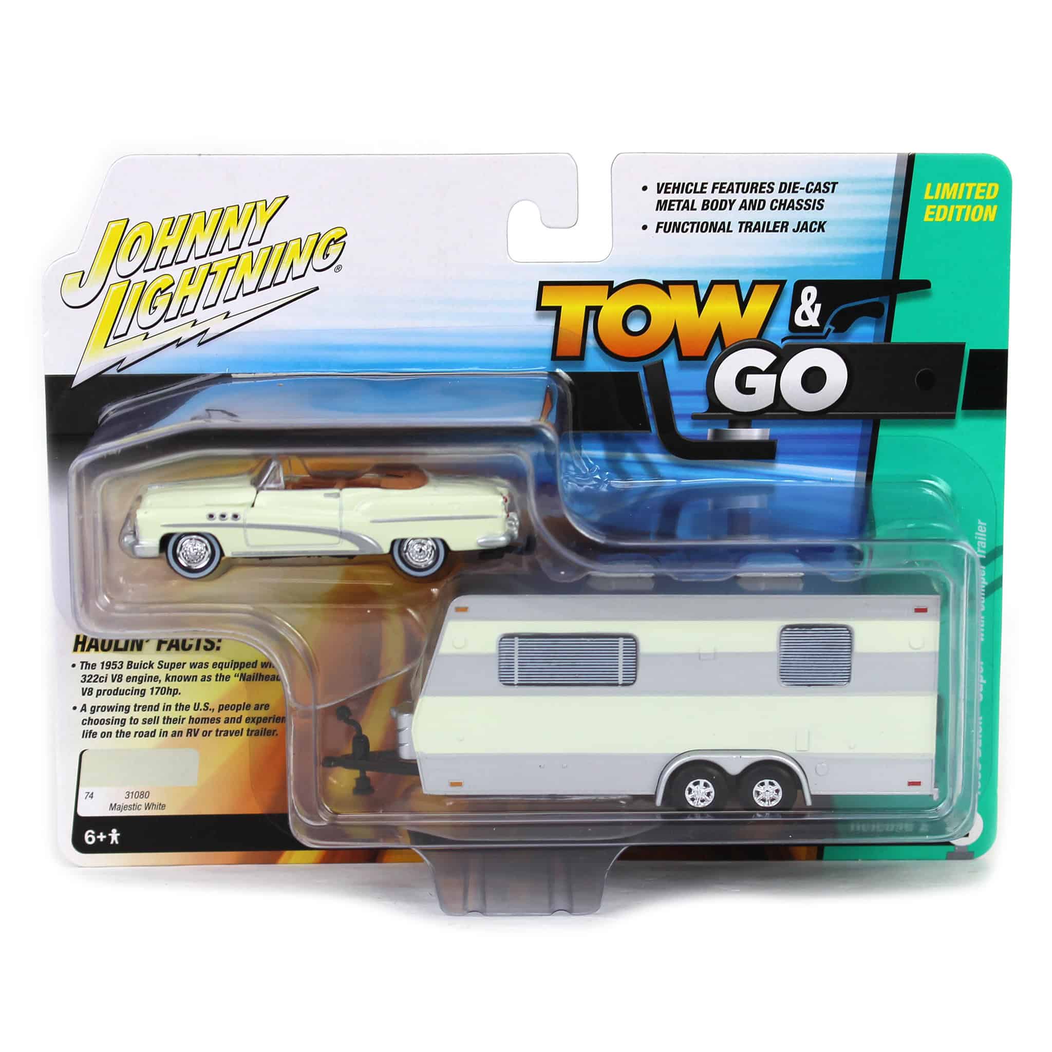 1/64 1953 Buick Super with Camper Trailer in Majestic White, Johnny Lightning - Image 5