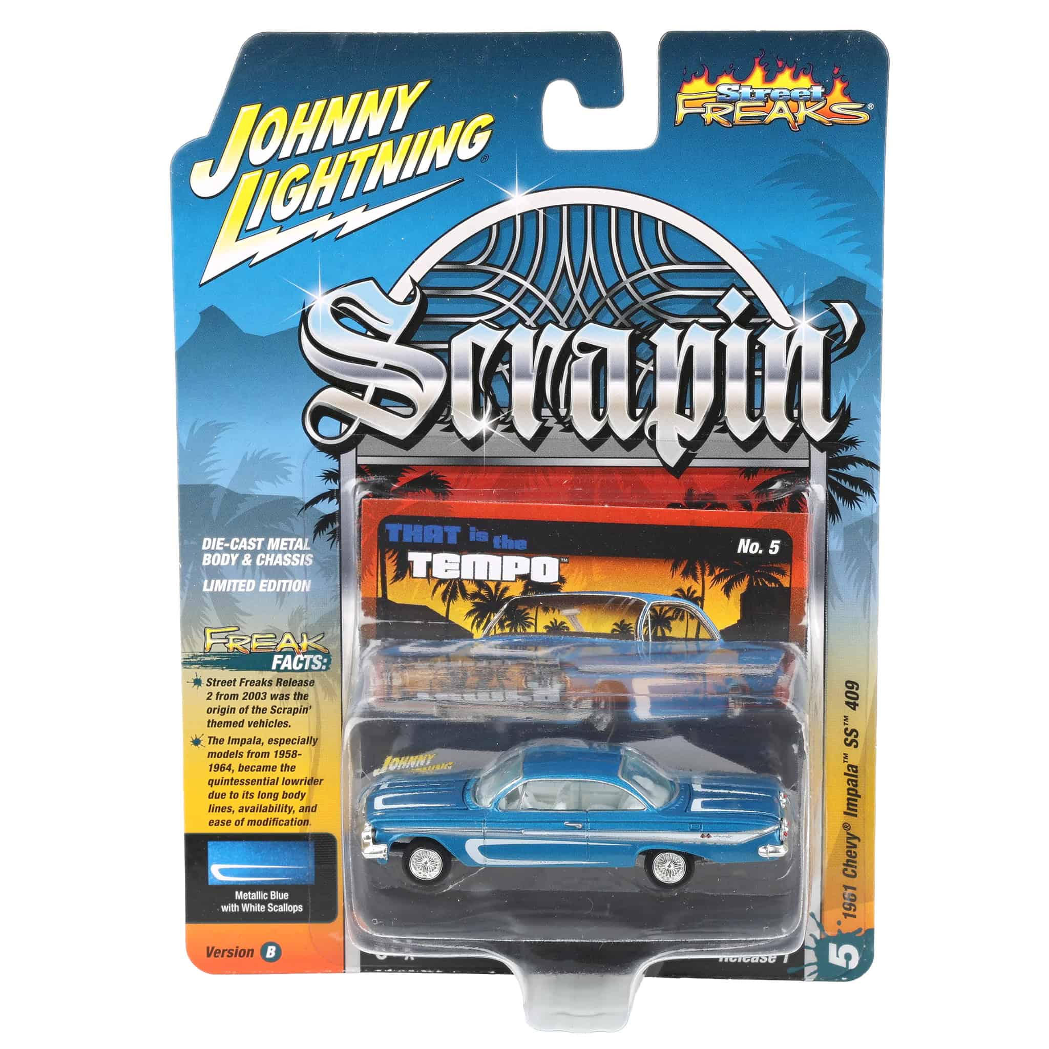 1/64 1961 Chevrolet Impala SS 409, Metallic Blue & White, Johnny Lightning Scrapin'