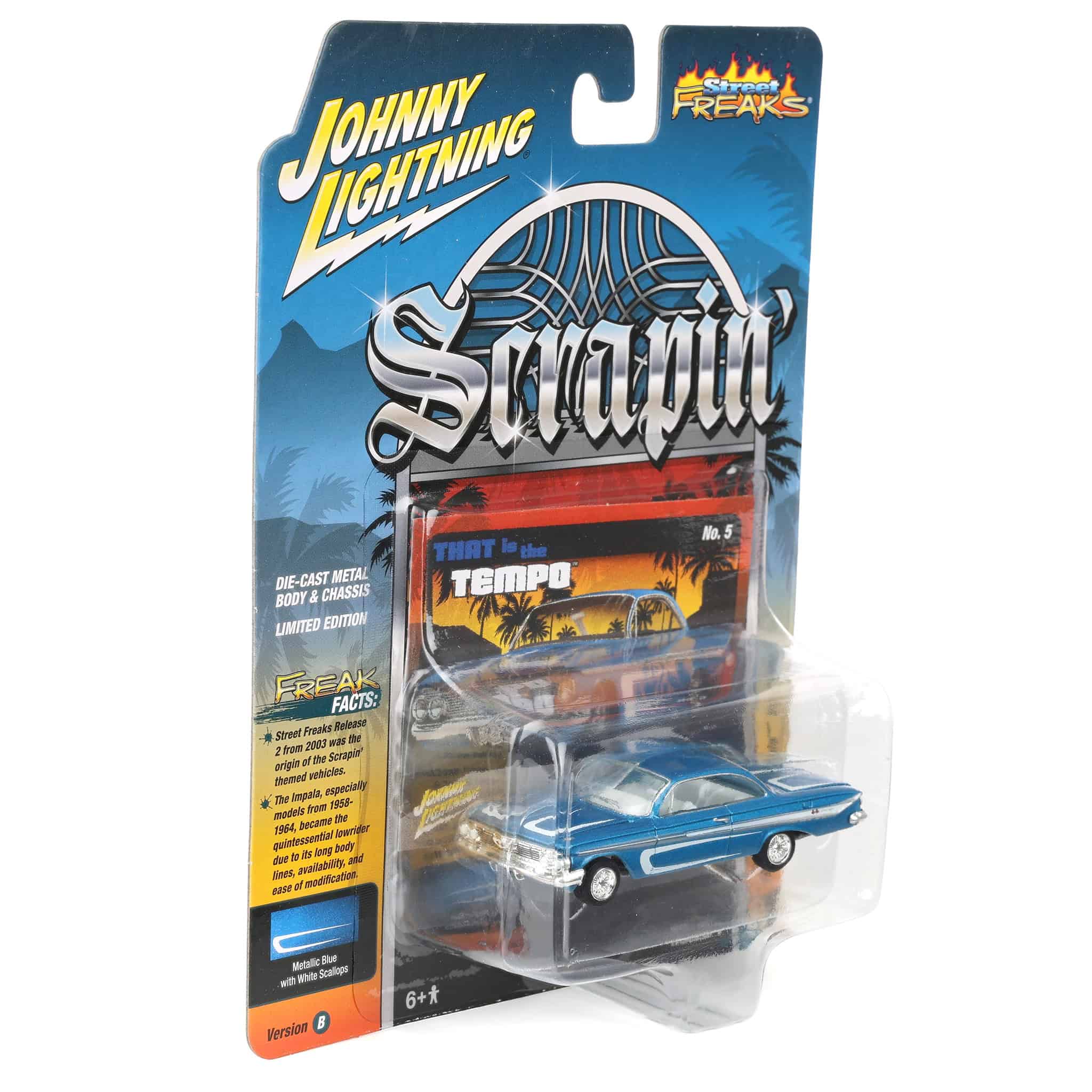 1/64 1961 Chevrolet Impala SS 409, Metallic Blue & White, Johnny Lightning Scrapin' - Image 2