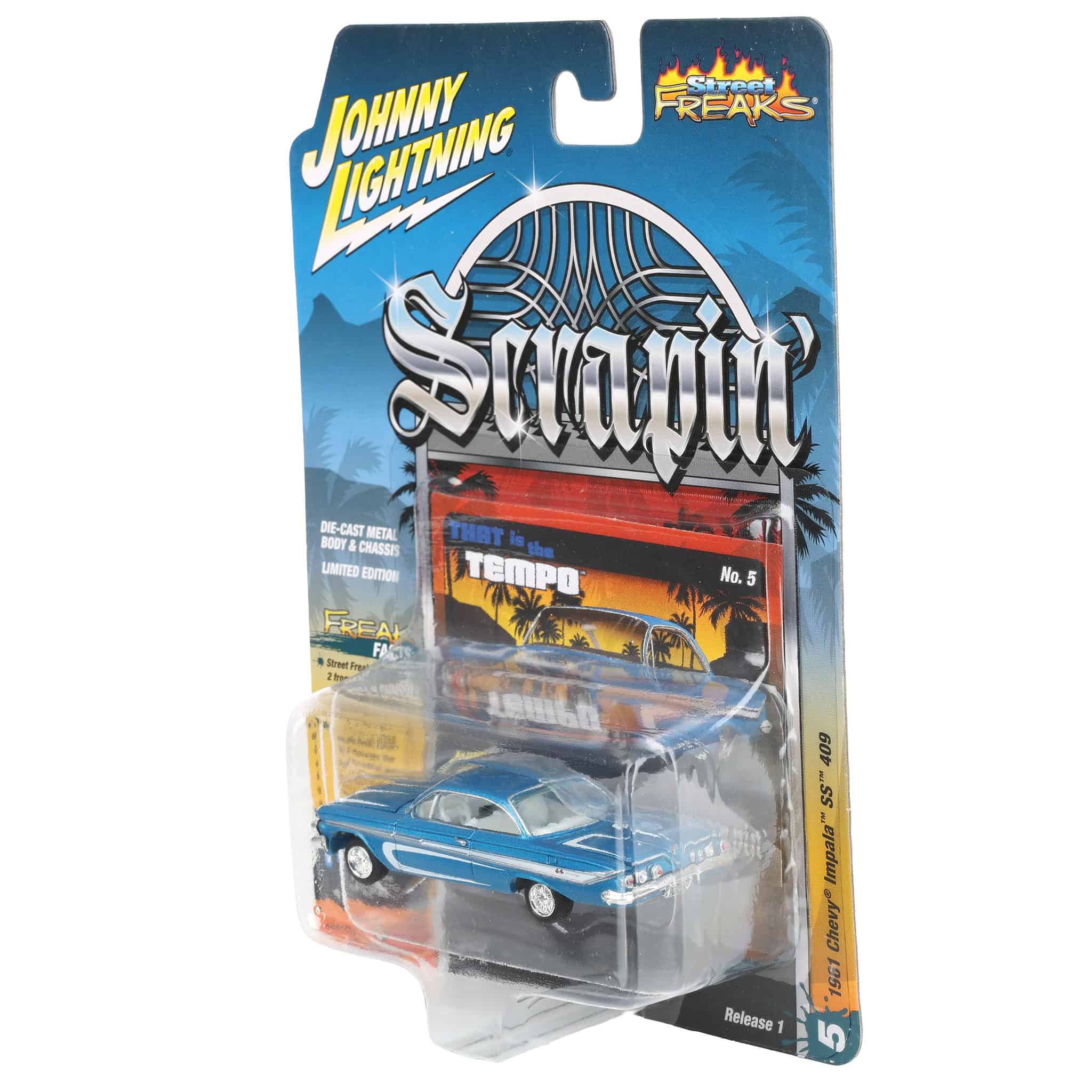 1/64 1961 Chevrolet Impala SS 409, Metallic Blue & White, Johnny Lightning Scrapin' - Image 3