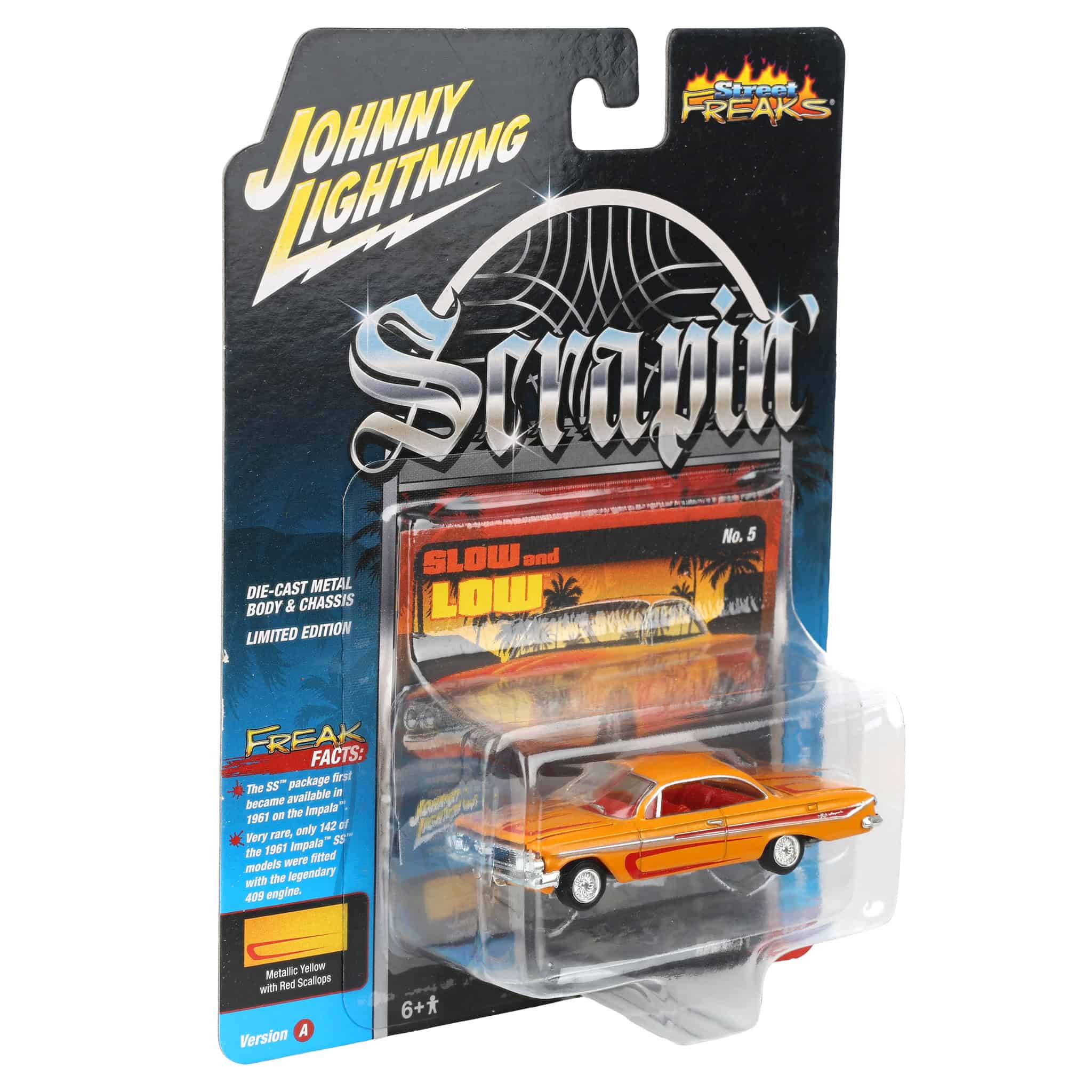 1/64 1961 Chevrolet Impala SS 409, Metallic Yellow & Red, Johnny Lightning Scrapin' - Image 2